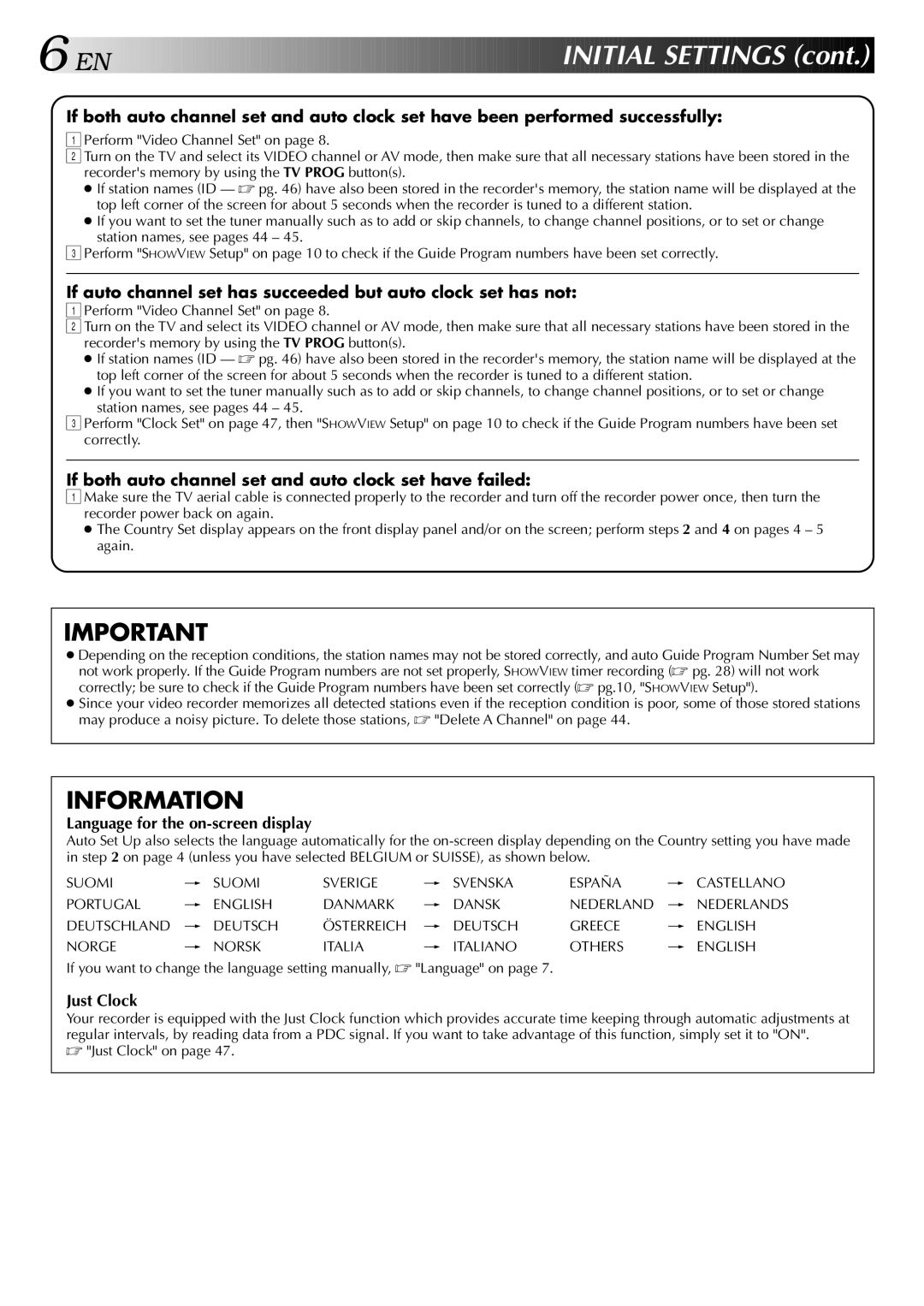 JVC HR-DD848E specifications Initial Settings, If both auto channel set and auto clock set have failed, Just Clock on 