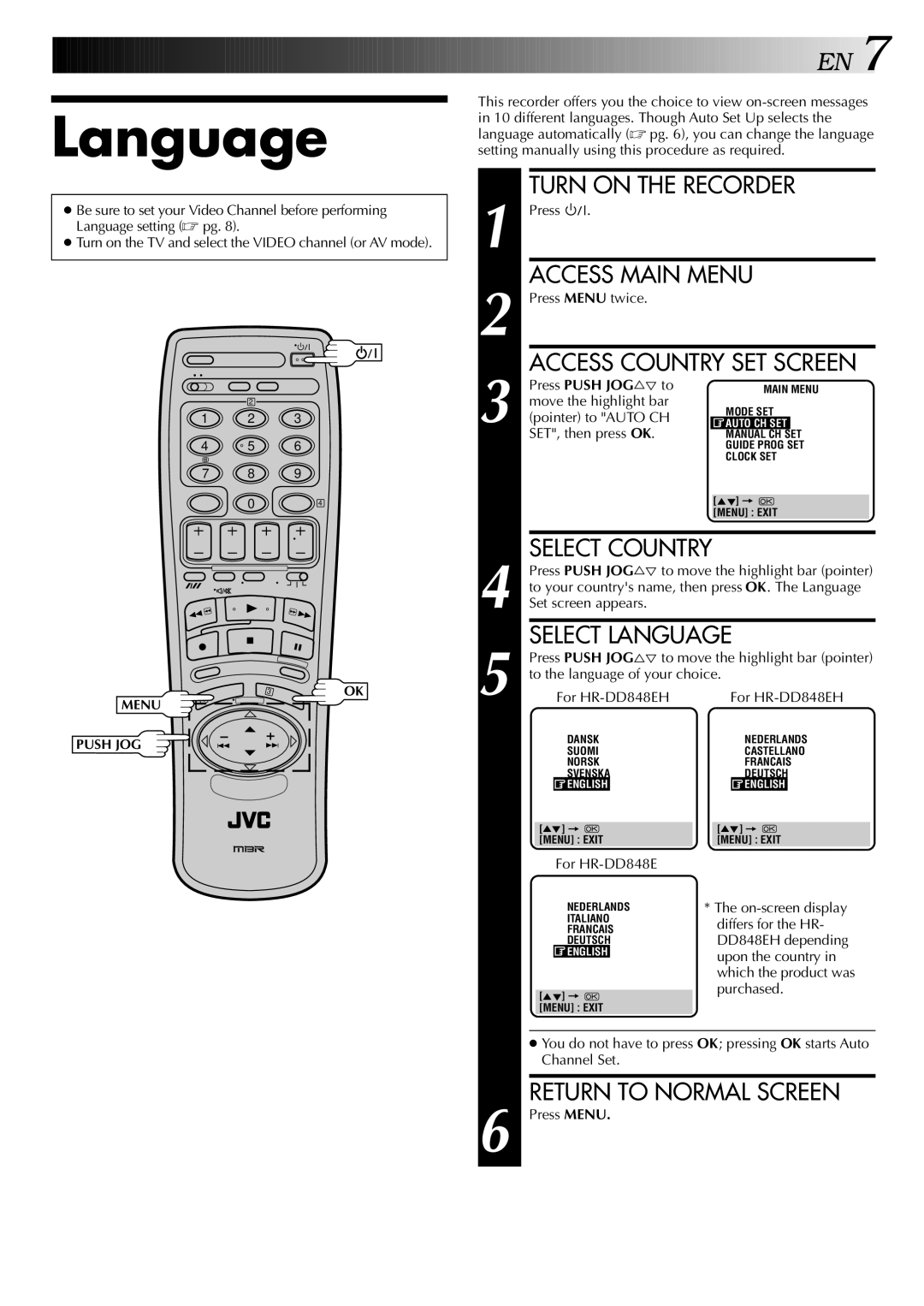 JVC HR-DD848E specifications Language 