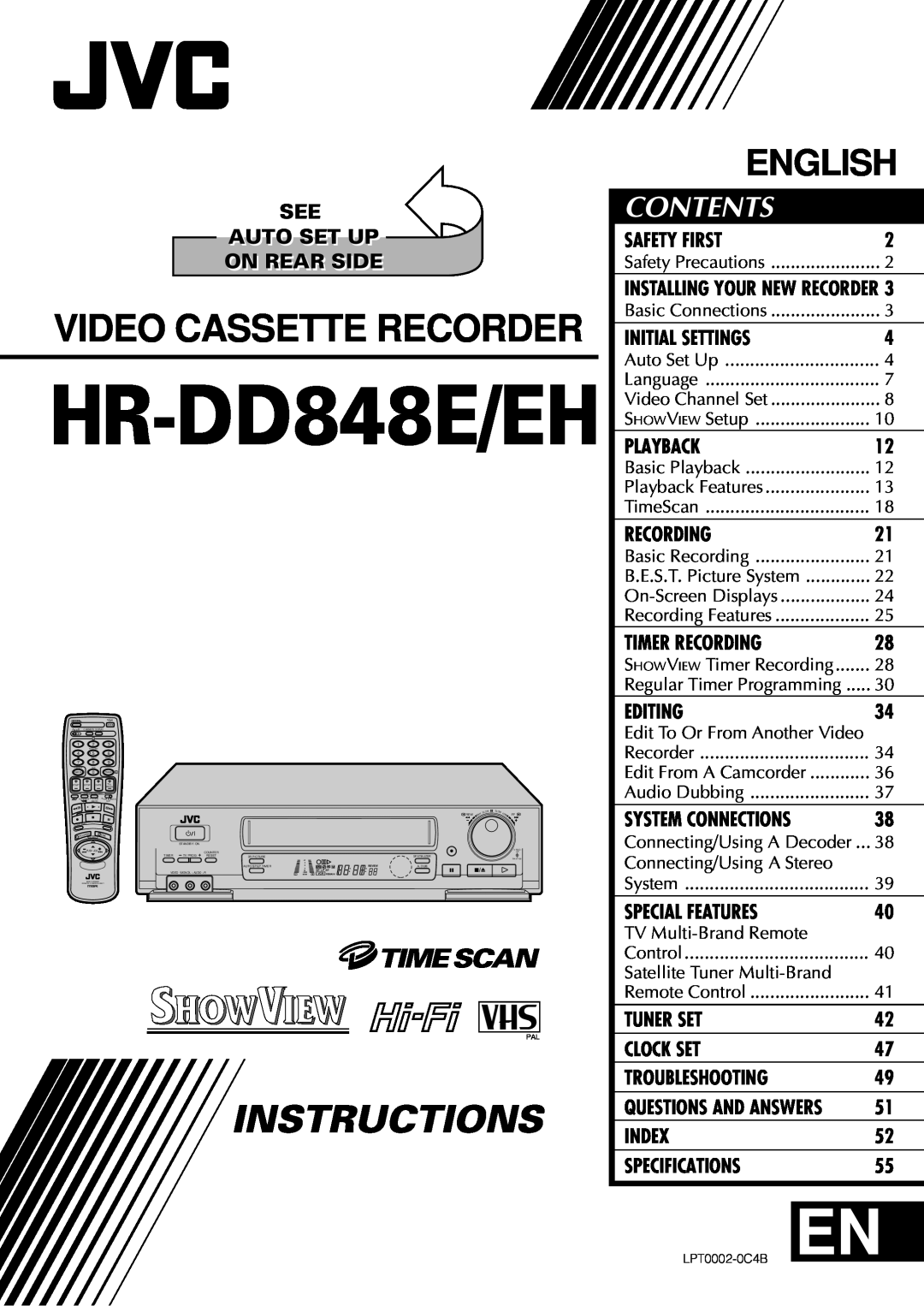 JVC specifications HR-DD848E/EH, Video Cassette Recorder, Instructions, English, Contents 