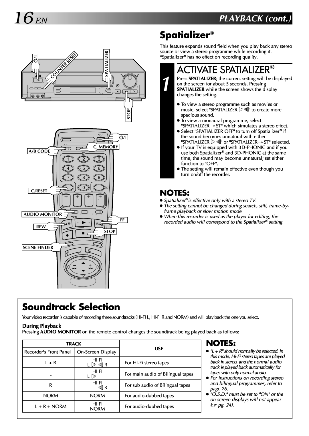 JVC HR-DD848E specifications 16EN, Activate Spatializer, Soundtrack Selection, PLAYBACK cont, During Playback, Track 