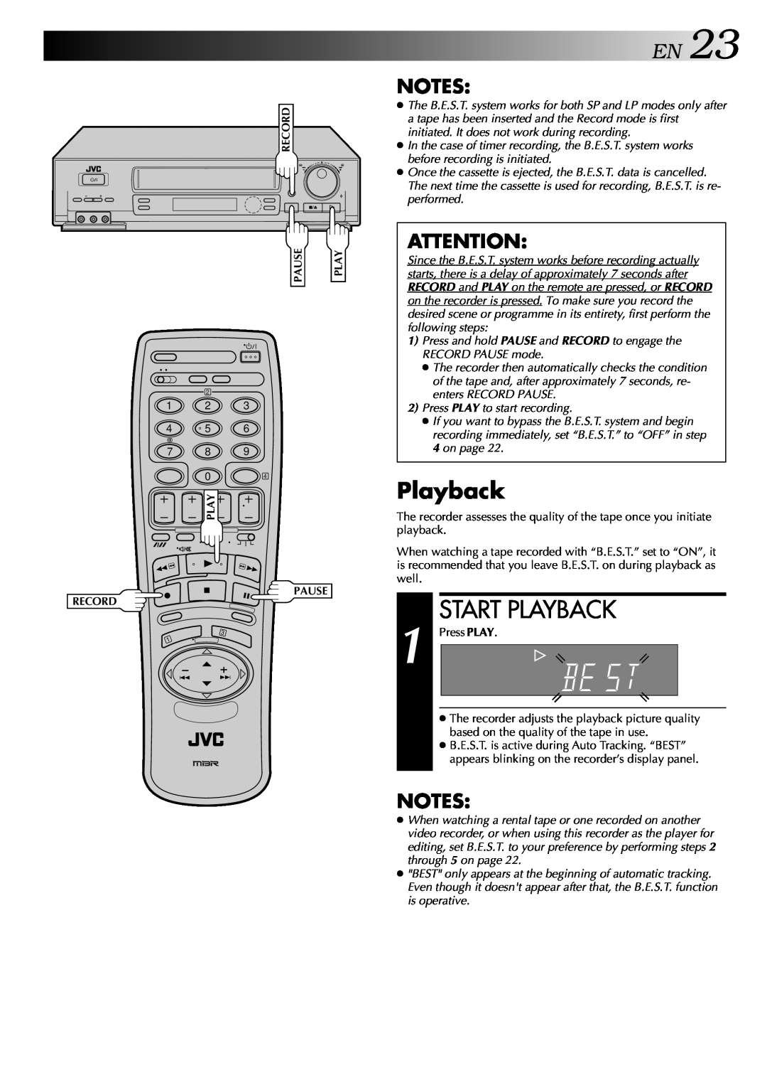 JVC HR-DD848E specifications EN23, Start Playback, Press and hold PAUSE and RECORD to engage the RECORD PAUSE mode 