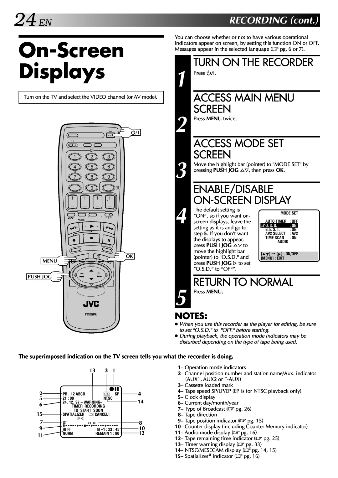 JVC HR-DD848E On-Screen Displays, Enable/Disable, 24ENRECORDINGcont, Turn On The Recorder, Access Main Menu, 13 3 