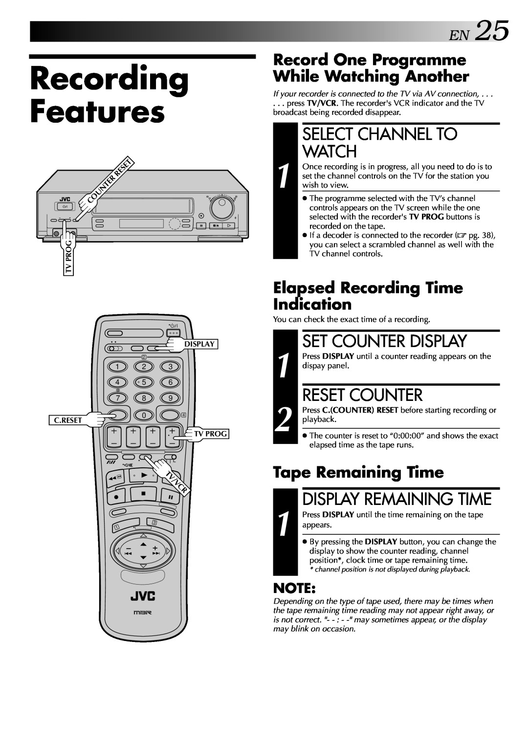 JVC HR-DD848E Recording, Features, EN25, Select Channel To, Watch, Set Counter Display, Reset Counter, Tape Remaining Time 