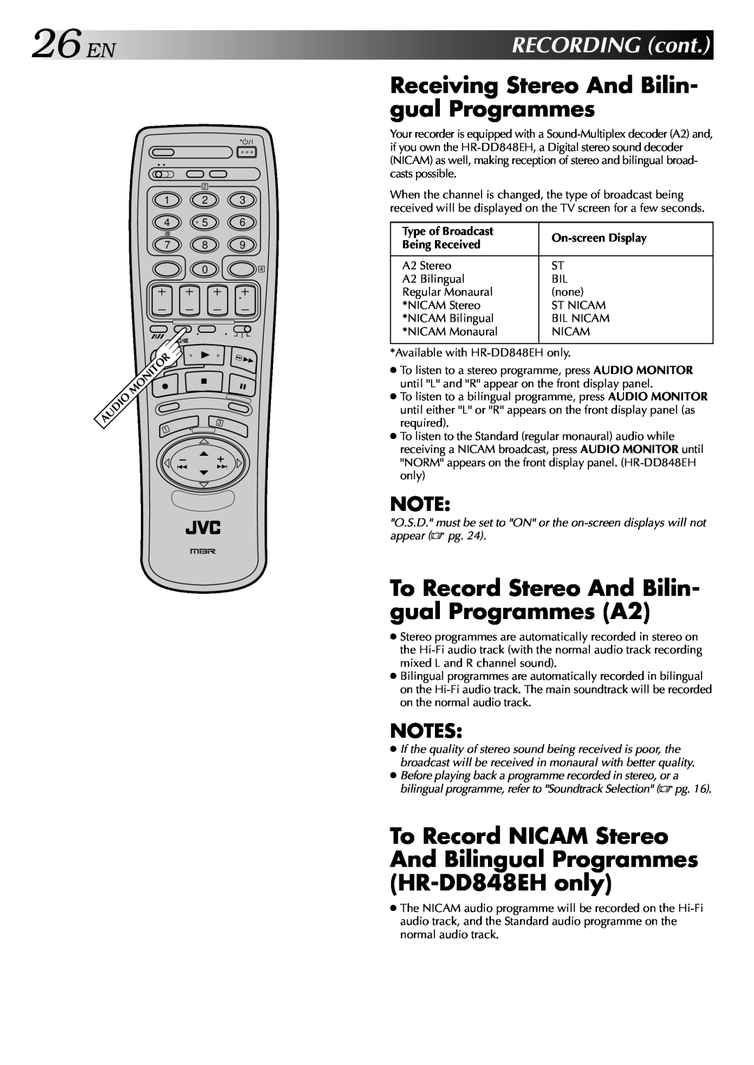 JVC HR-DD848E 26ENRECORDINGcont, Receiving Stereo And Bilin- gual Programmes, Type of Broadcast, On-screen Display 