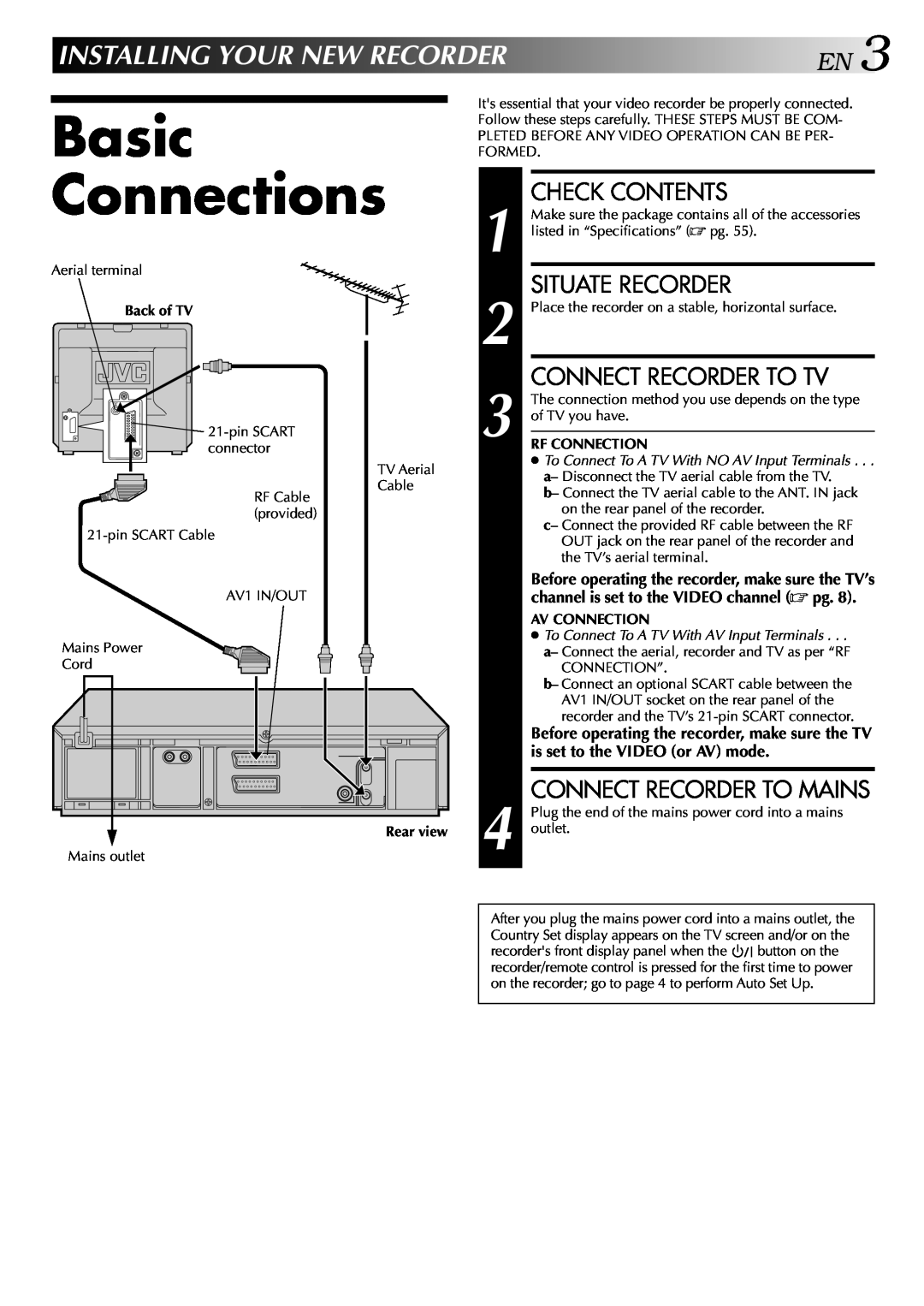 JVC HR-DD848E Basic Connections, Installingyournewrecorderen, Check Contents, Situate Recorder, Connect Recorder To Tv 