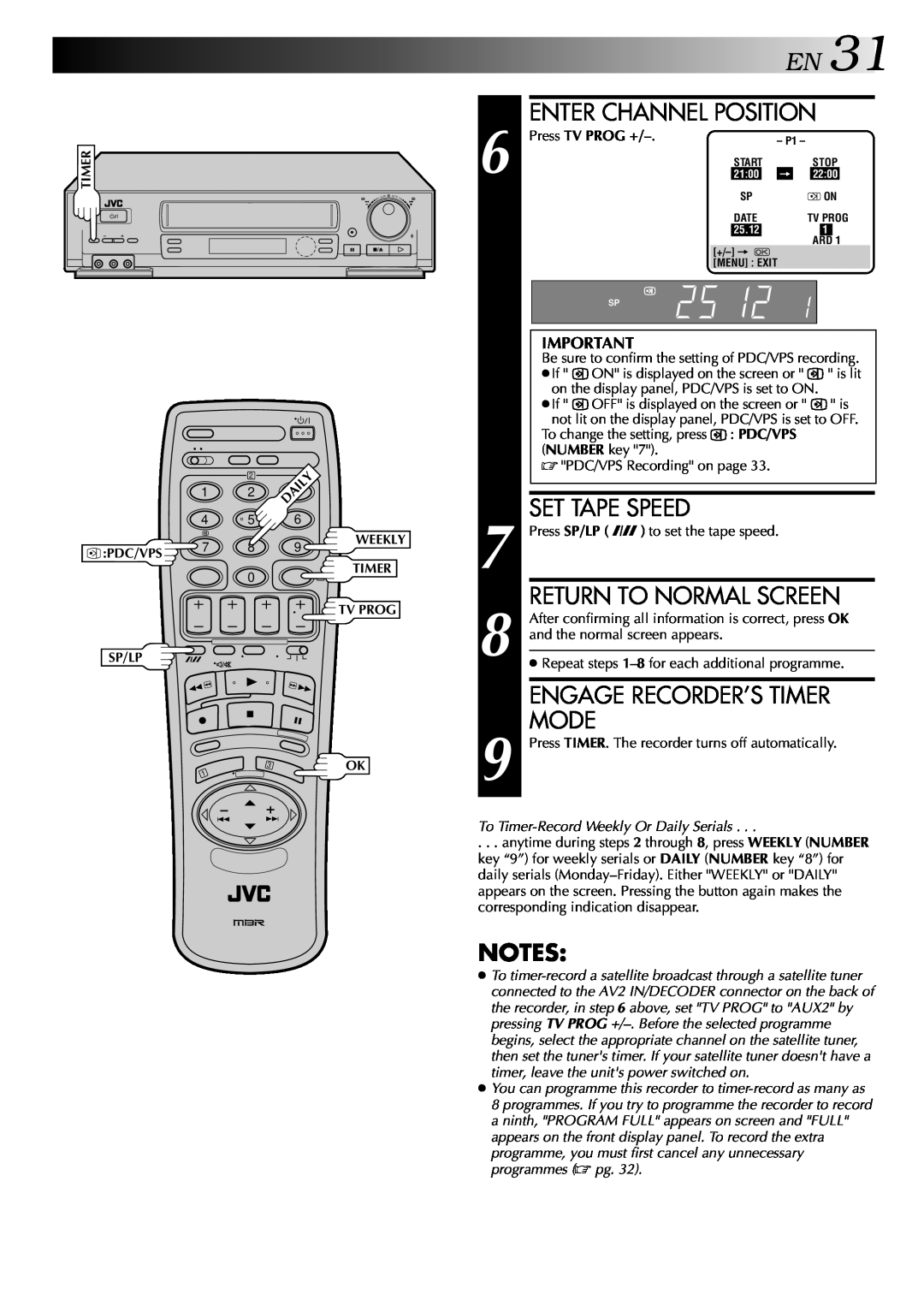 JVC HR-DD848E specifications Enter Channel Position, Set Tape Speed, Engage Recorder’S Timer Mode, Return To Normal Screen 