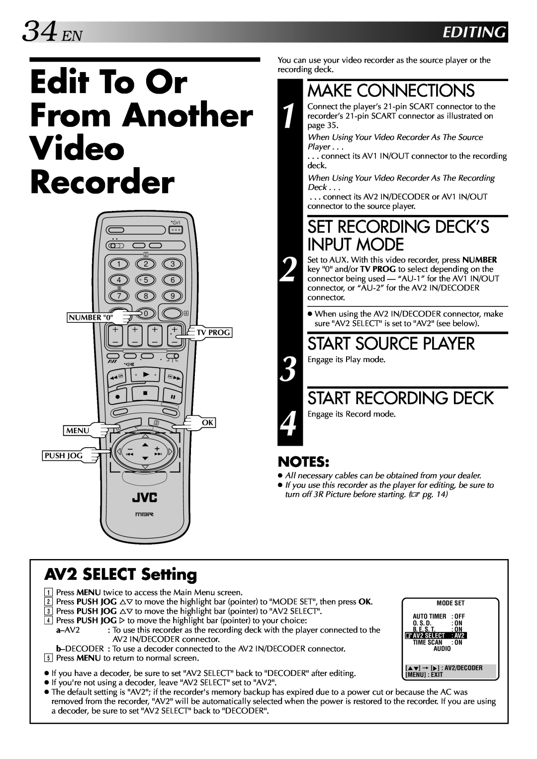 JVC HR-DD848E Edit To Or From Another Video Recorder, 34EN, Make Connections, Set Recording Deck’S Input Mode, Editing 