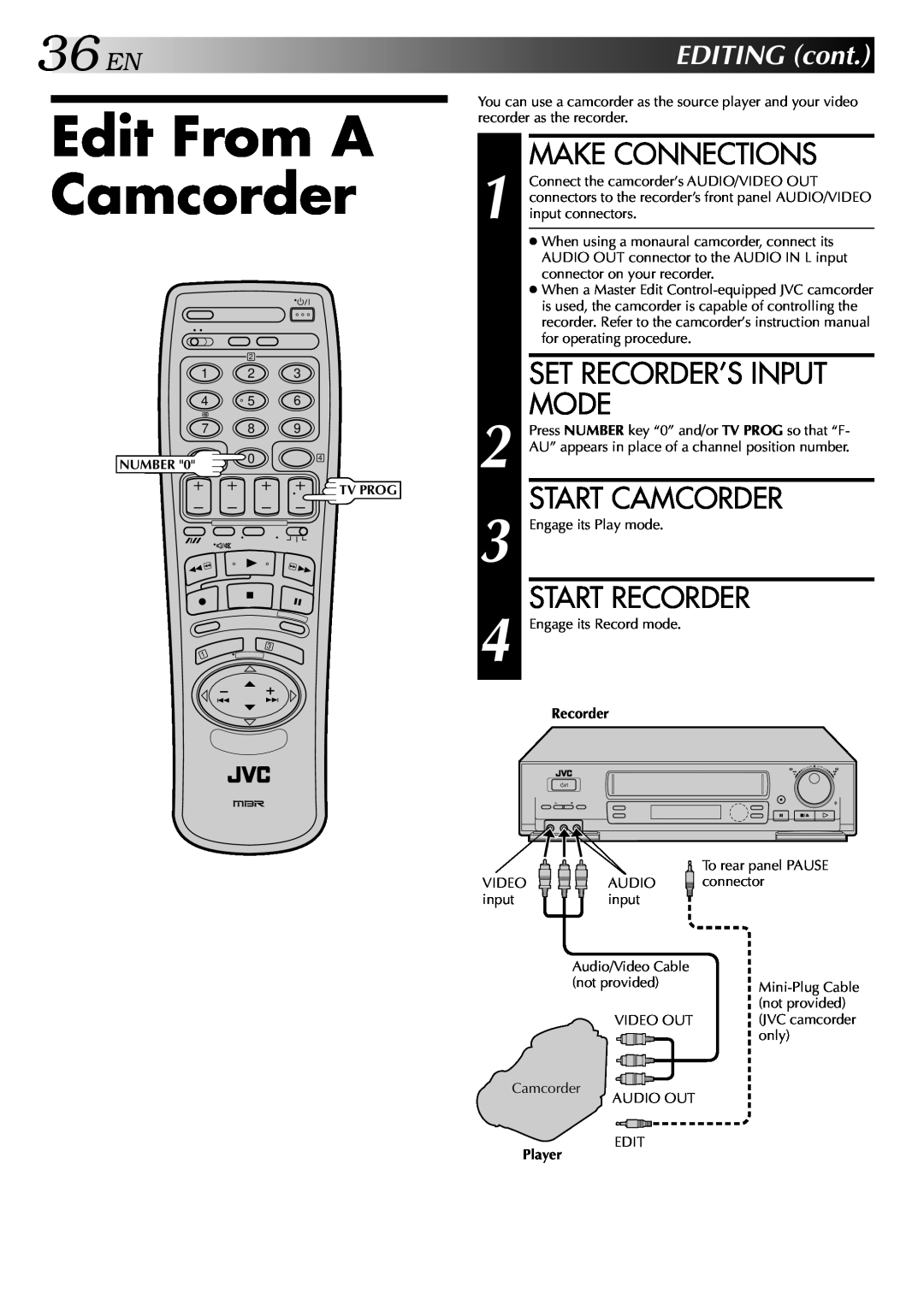 JVC HR-DD848E Edit From A Camcorder, 36EN, Set Recorder’S Input, Mode, Start Camcorder, Start Recorder, EDITINGcont 
