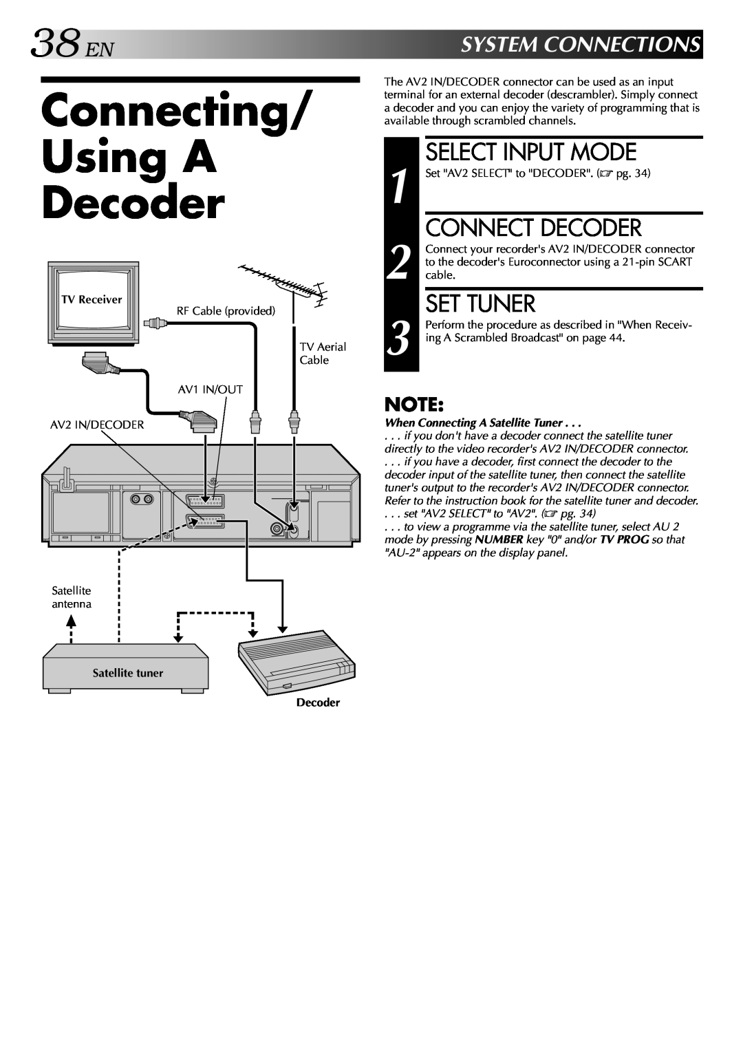 JVC HR-DD848E Connecting Using A Decoder, Select Input Mode, Connect Decoder, Set Tuner, 38ENSYSTEMCONNECTIONS 