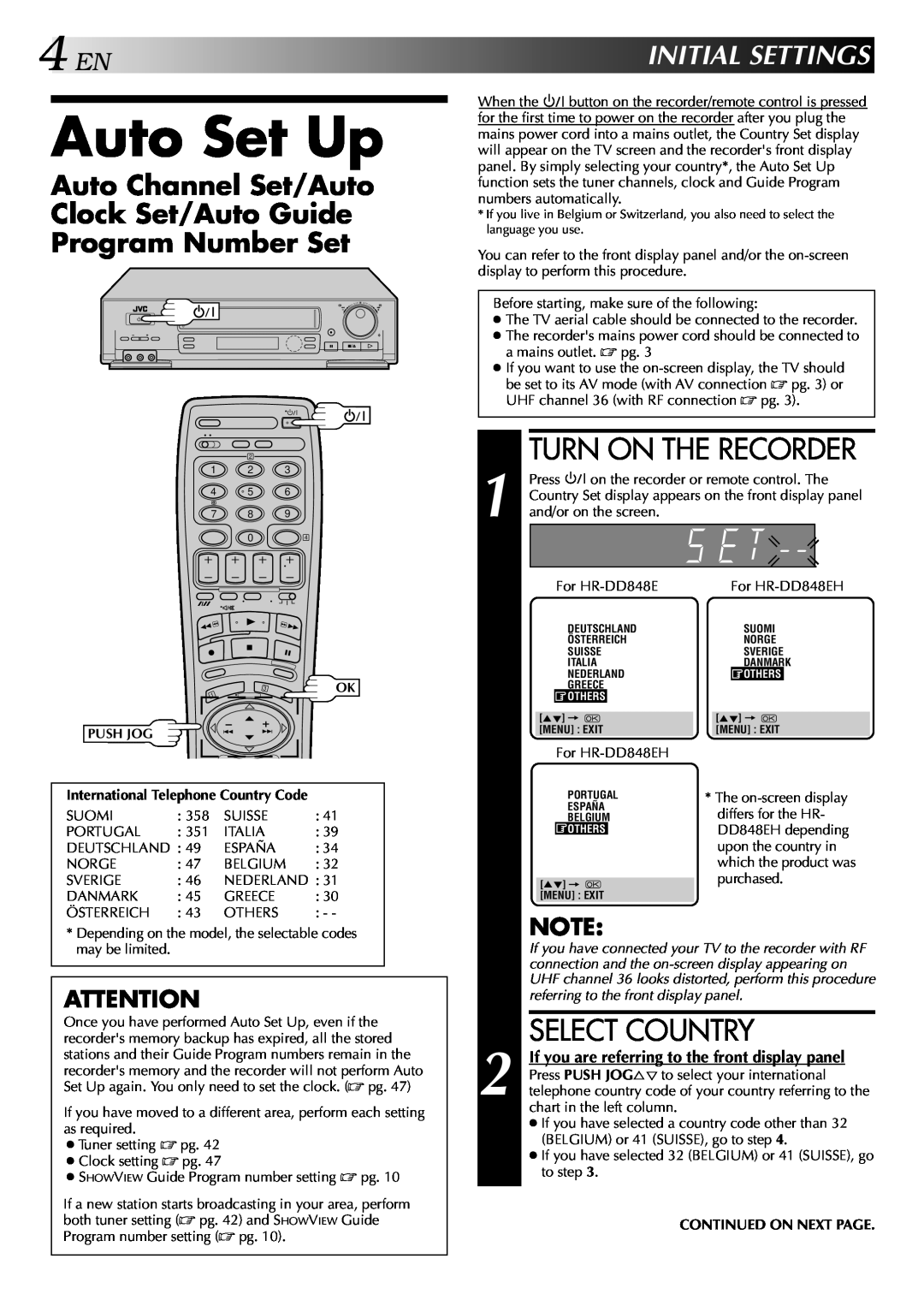 JVC Auto Set Up, Turn On The Recorder, Select Country, Initialsettings, For HR-DD848EH, Continued On Next Page 