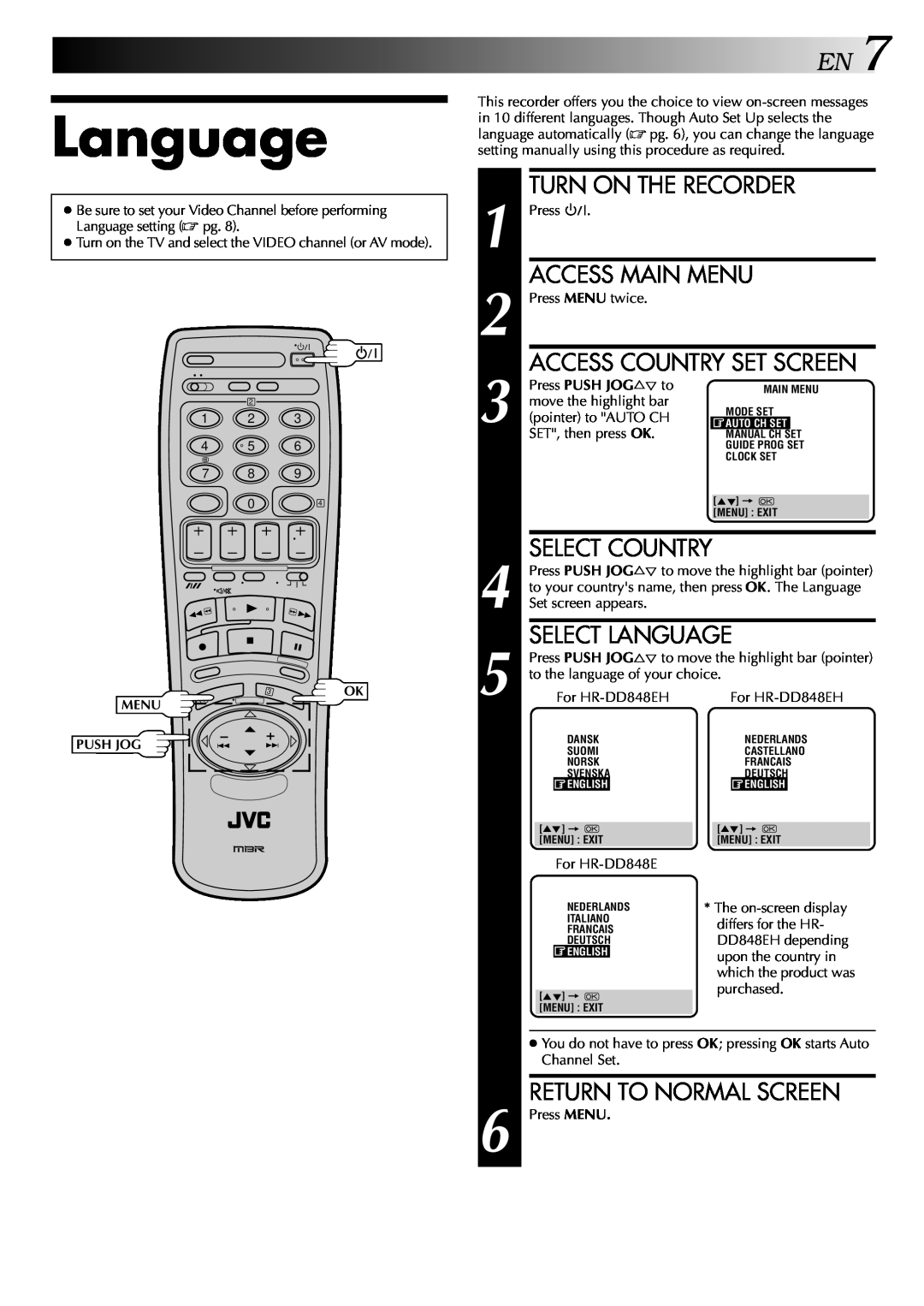 JVC HR-DD848E Turn On The Recorder, Access Main Menu, Access Country Set Screen, Select Country, Select Language 