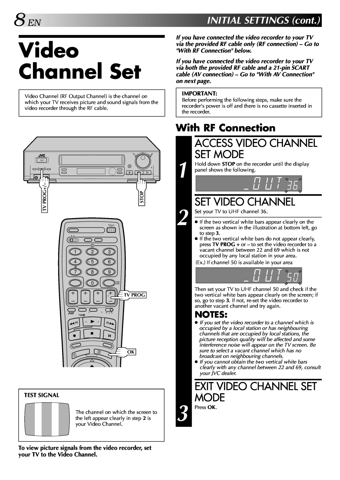 JVC HR-DD848E Access Video Channel Set Mode, Set Video Channel, Exit Video Channel Set Mode, 8ENINITIALSETTINGScont 