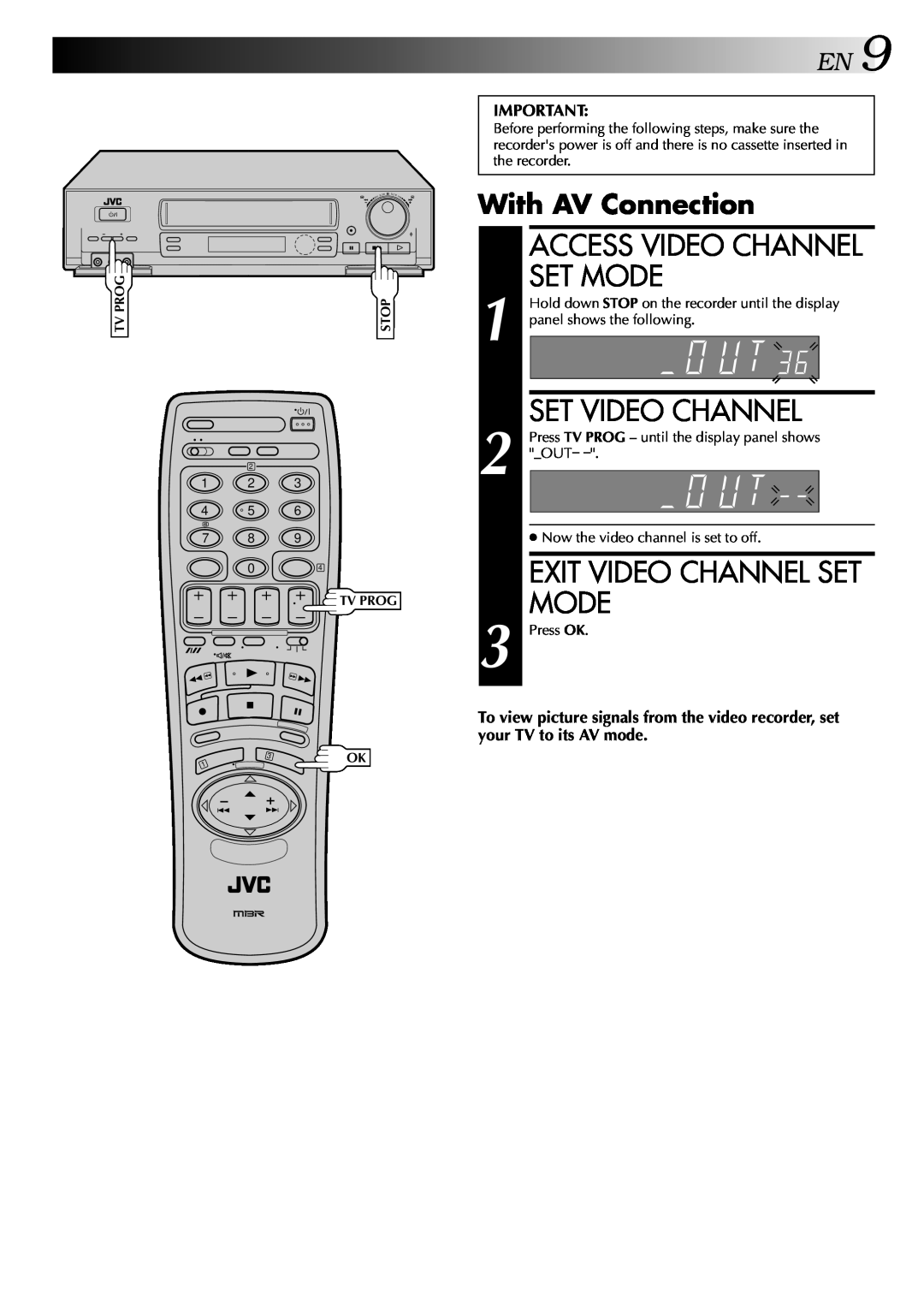 JVC HR-DD848E With AV Connection, Access Video Channel Set Mode, Set Video Channel, Exit Video Channel Set Mode 