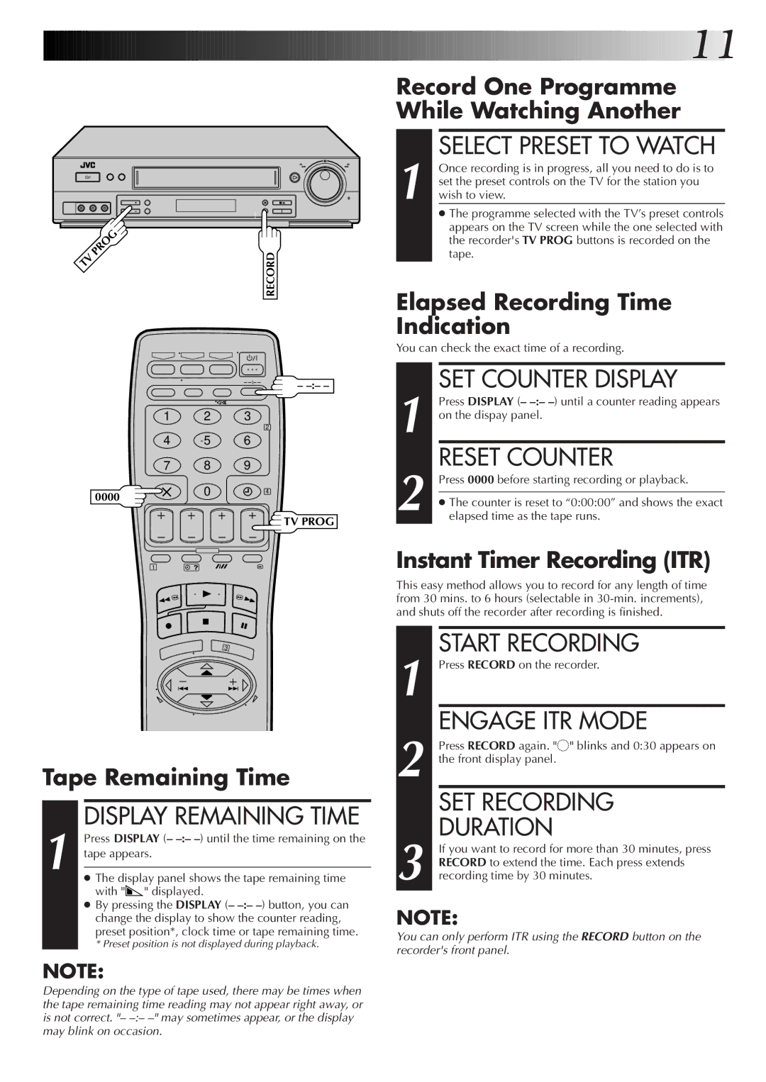 JVC HR-DD855EK Select Preset to Watch, Reset Counter, Engage ITR Mode, Display Remaining Time, SET Recording Duration 