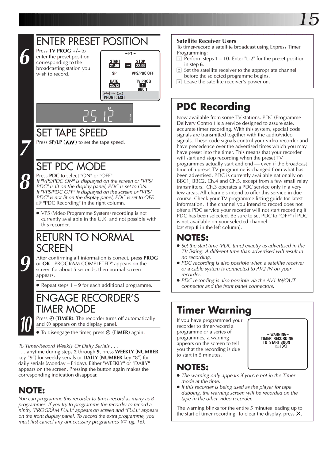 JVC HR-DD855EK setup guide SET PDC Mode, Return to Normal, Screen, Engage RECORDER’S, Timer Mode 