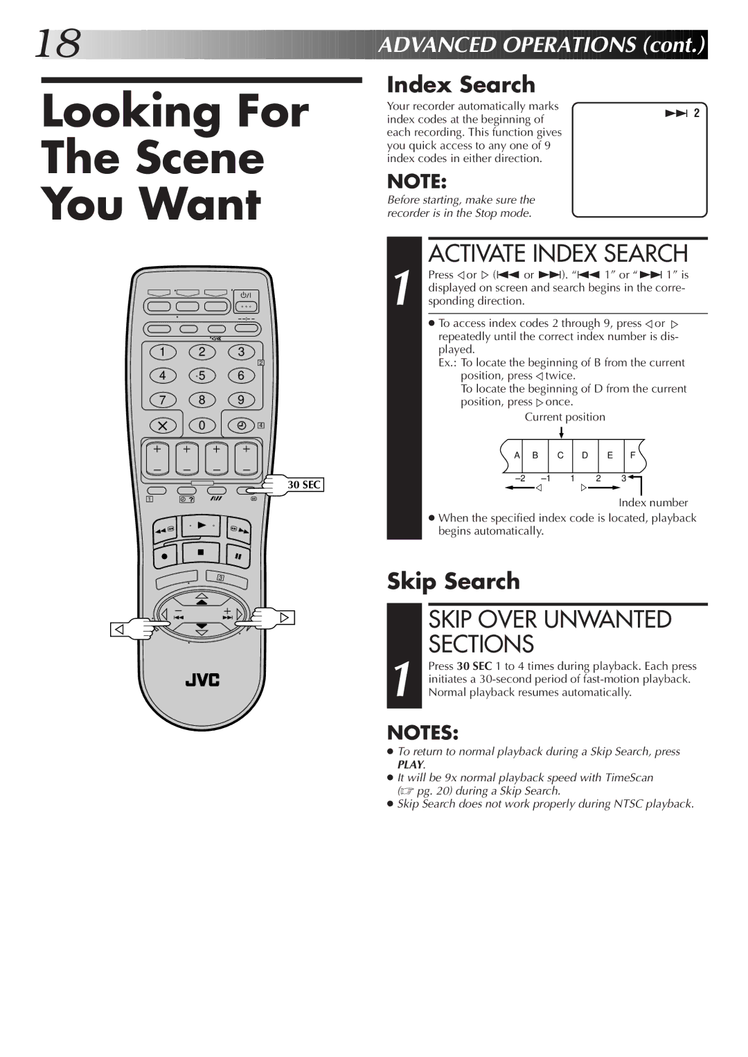 JVC HR-DD855EK setup guide Looking For Scene You Want, Activate Index Search, Skip Over Unwanted, Sections 