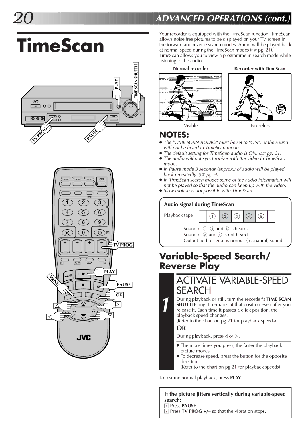 JVC HR-DD855EK setup guide TimeScan, Variable-Speed Search/ Reverse Play, Normal recorder, VisibleNoiseless 