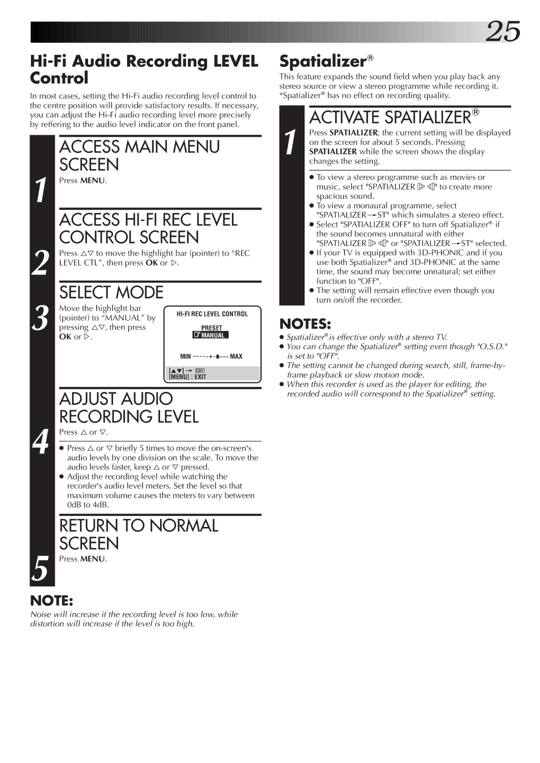 JVC HR-DD855EK setup guide Access Main Menu, Adjust Audio, Return to Normal Screen, Activate Spatializer 