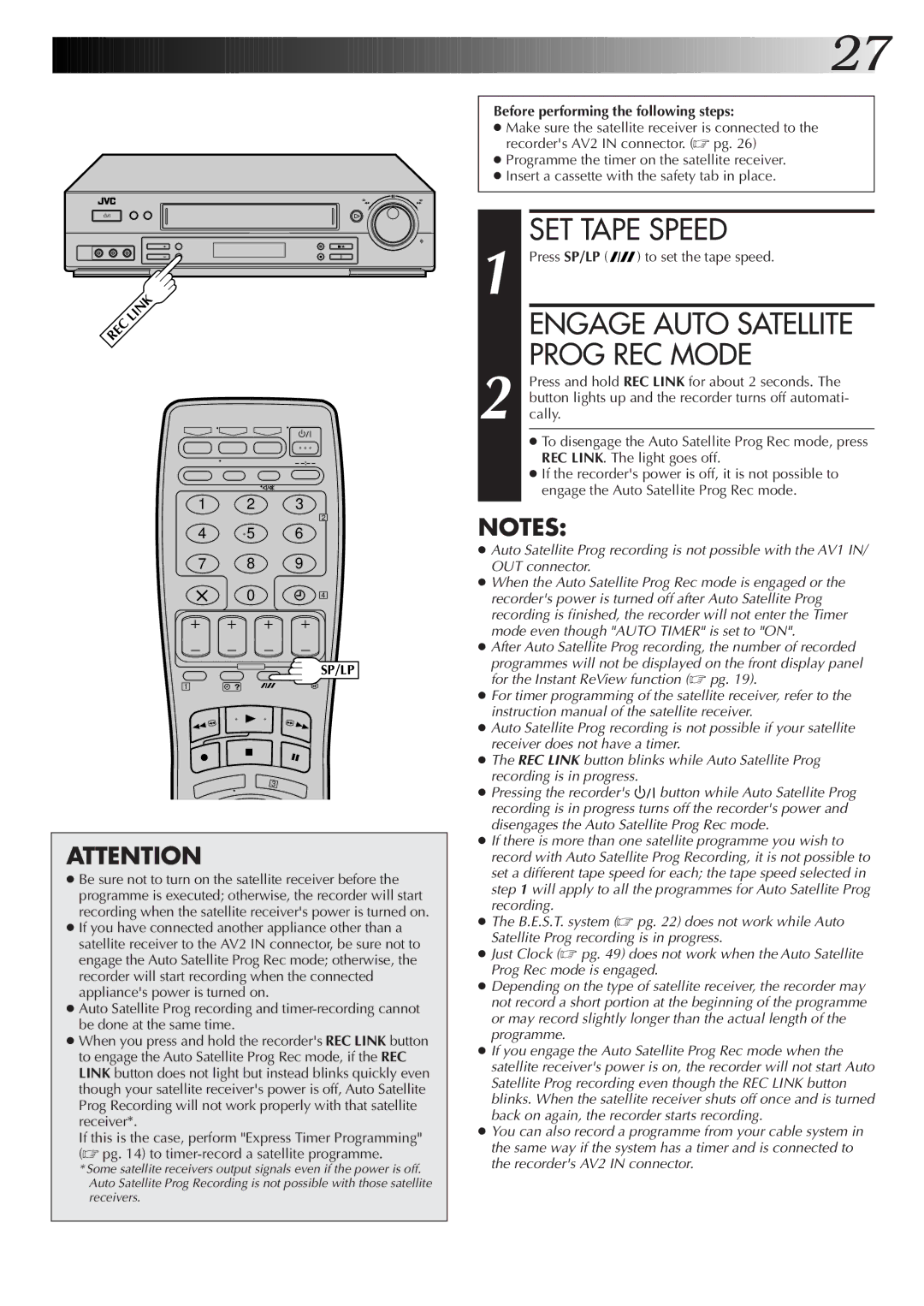 JVC HR-DD855EK setup guide Engage Auto Satellite Prog REC Mode, Before performing the following steps 