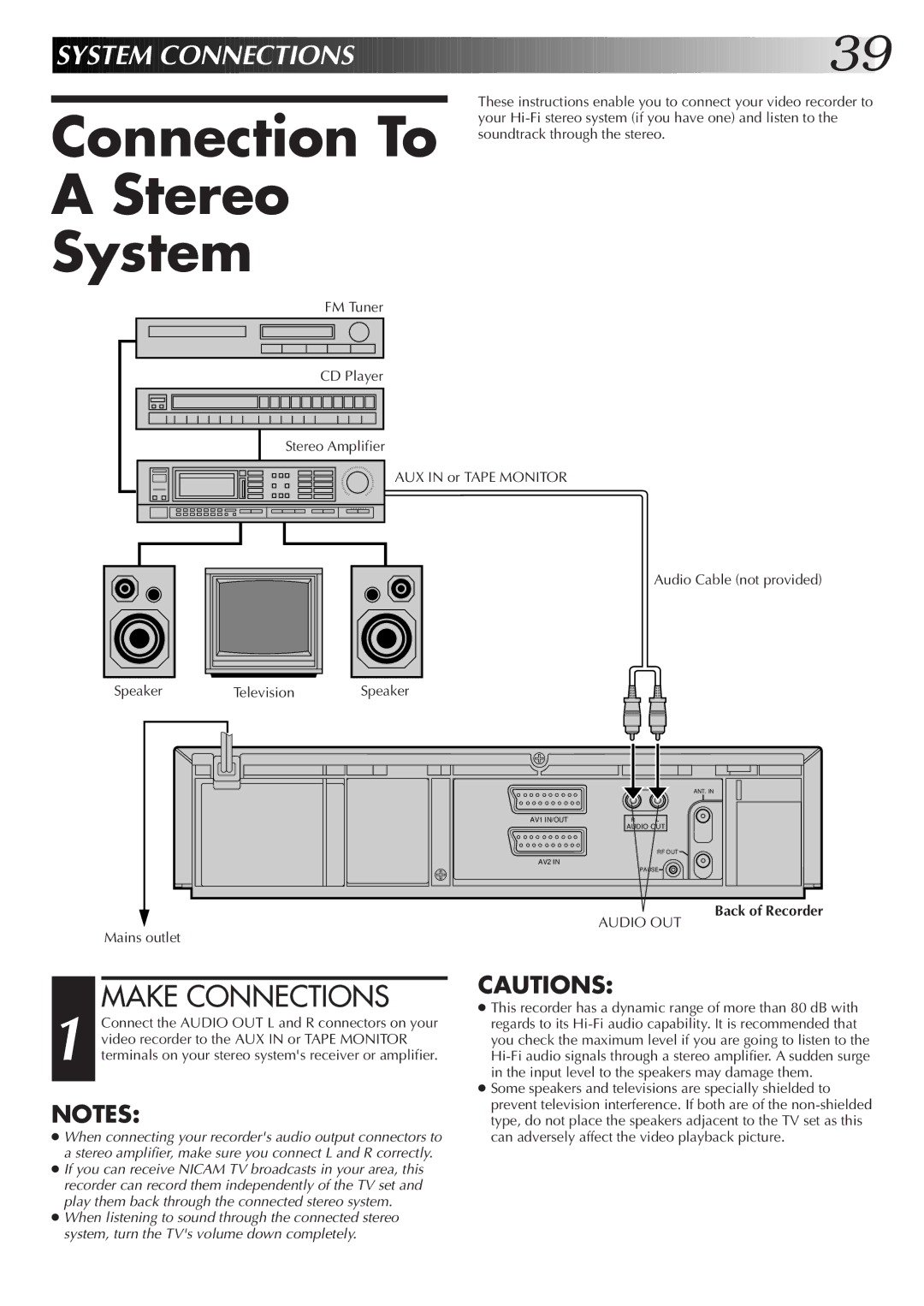 JVC HR-DD855EK setup guide Connection To Stereo System, Audio Cable not provided Speaker Mains outlet 