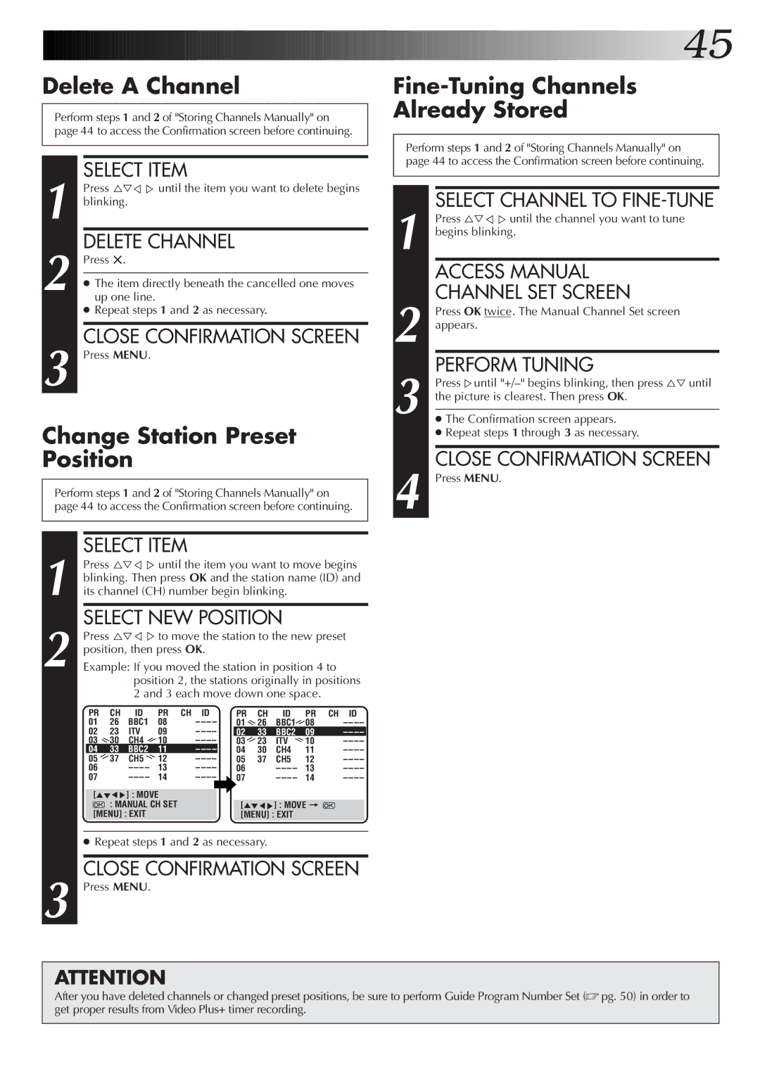 JVC HR-DD855EK setup guide Delete a Channel, Change Station Preset Position, Fine-Tuning Channels Already Stored 