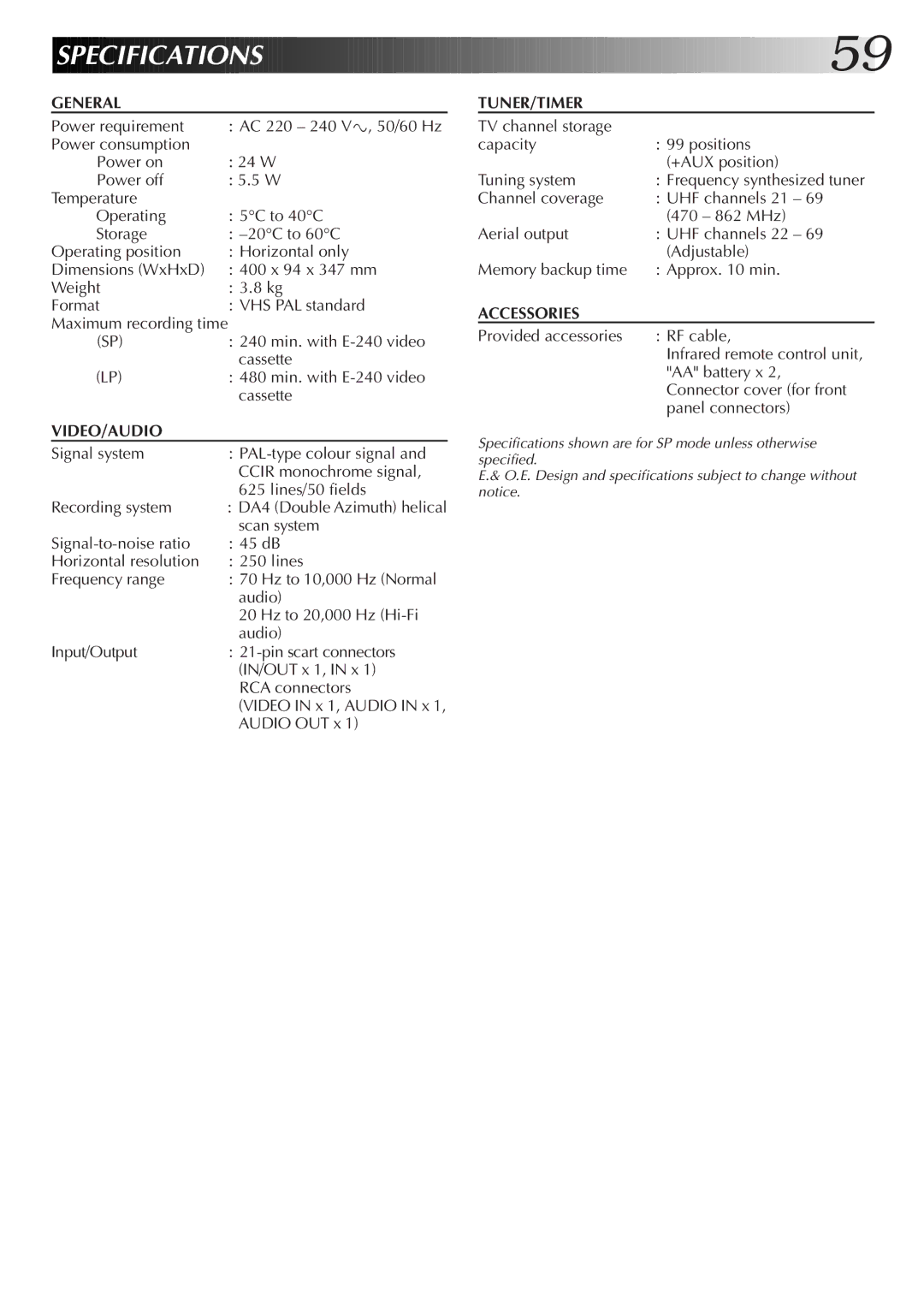 JVC HR-DD855EK setup guide Specification S, DA4 Double Azimuth helical 