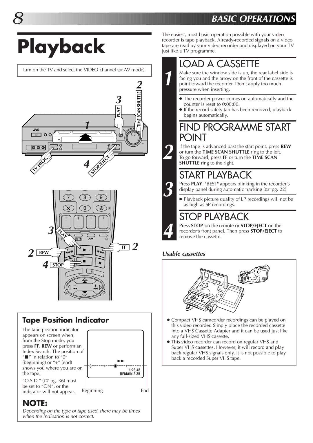 JVC HR-DD855EK setup guide Load a Cassette, Point, Start Playback, Stop Playback 