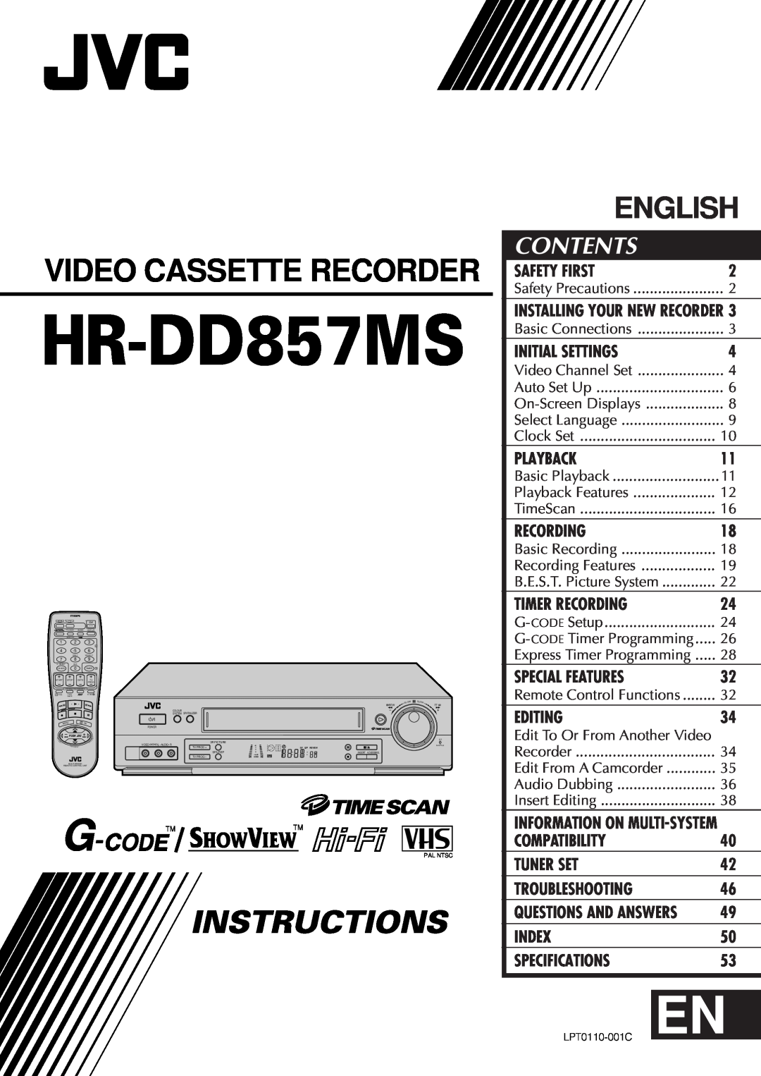 JVC HR-DD857MS specifications Video Cassette Recorder, Instructions, English, Contents 
