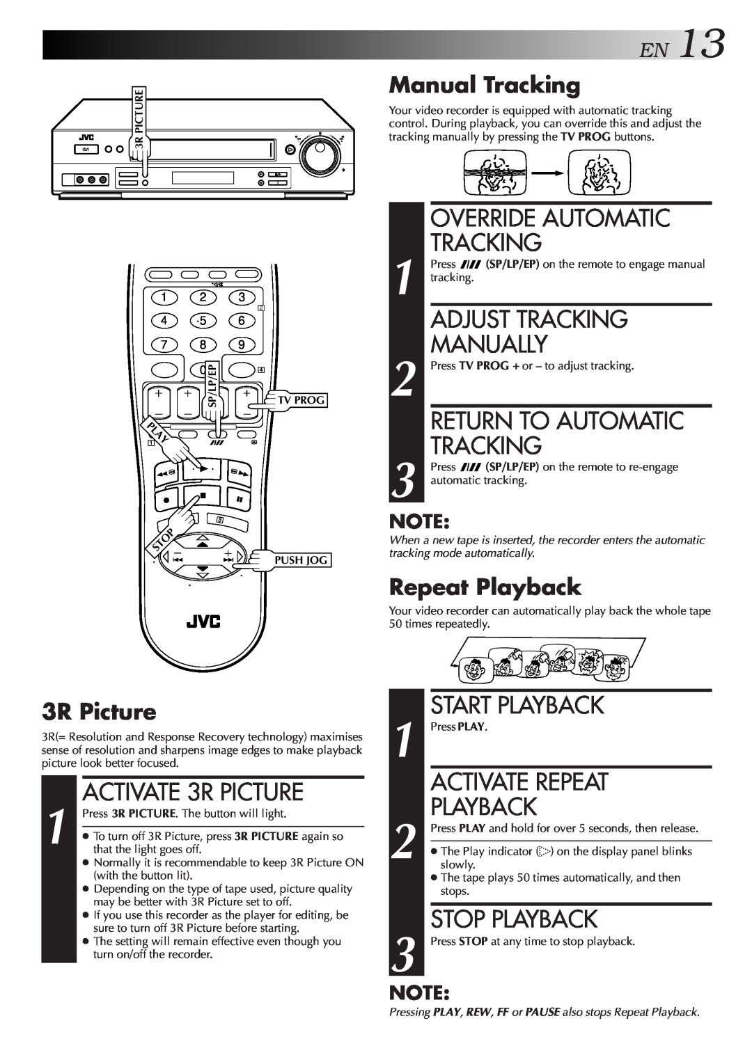 JVC HR-DD857MS EN13, Override Automatic Tracking, Adjust Tracking Manually, Return To Automatic Tracking, Activate Repeat 