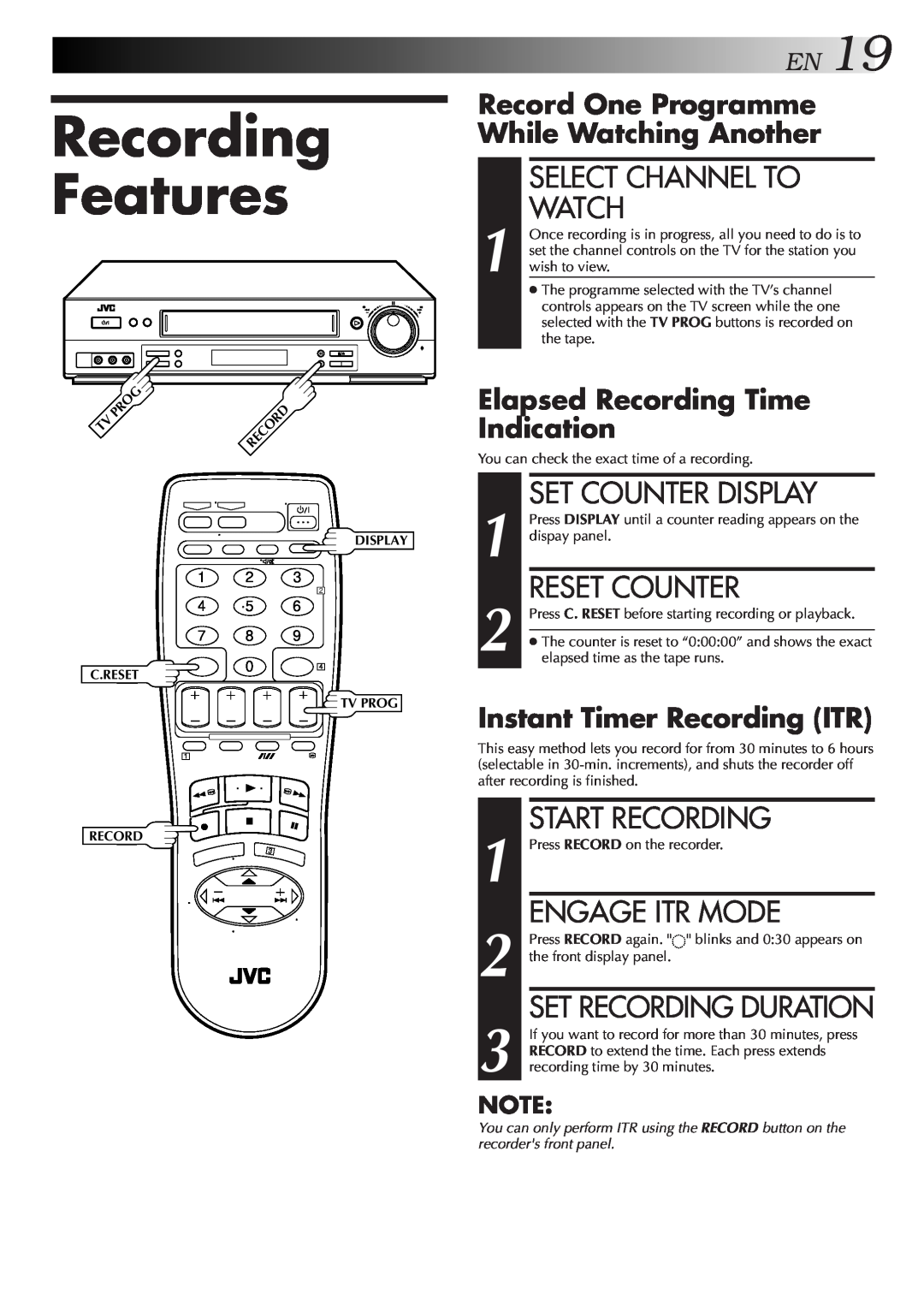 JVC HR-DD857MS Recording Features, EN19, Select Channel To Watch, Set Counter Display, Reset Counter, Engage Itr Mode 