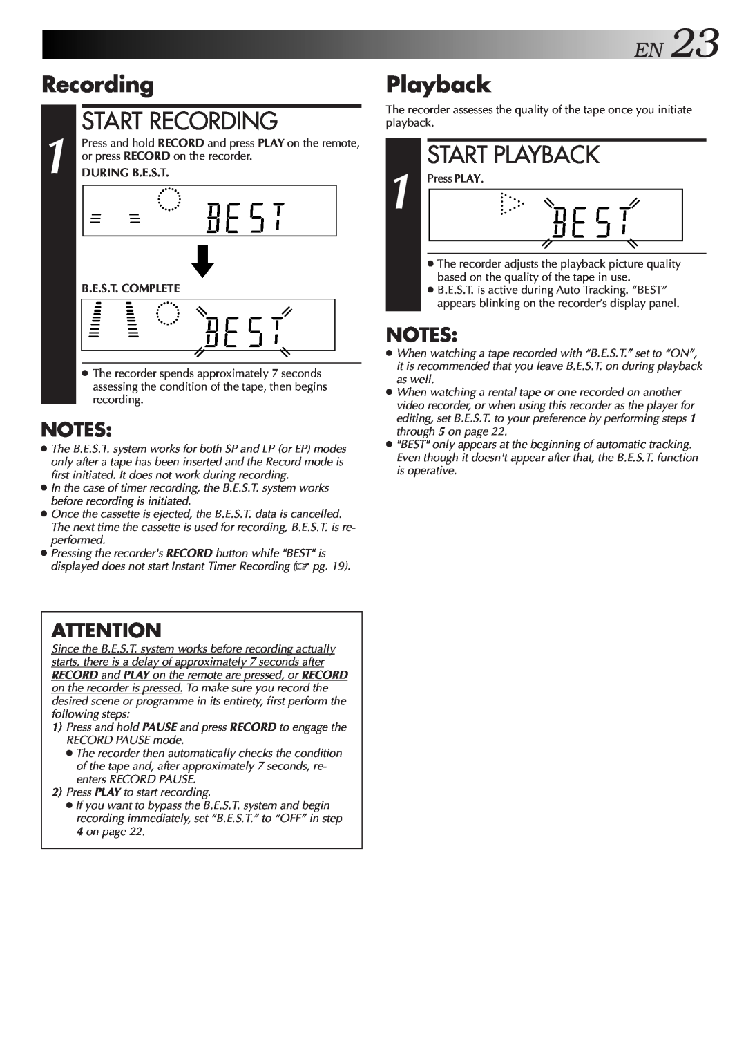 JVC HR-DD857MS specifications EN23, Start Recording, Start Playback, Press PLAY to start recording 