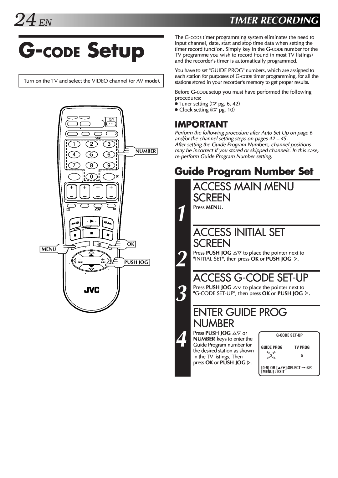 JVC HR-DD857MS G-CODE Setup, Access Initial Set, Access G-Code Set-Up, Number, 24ENTIMERRECORDING, Enter Guide Prog 