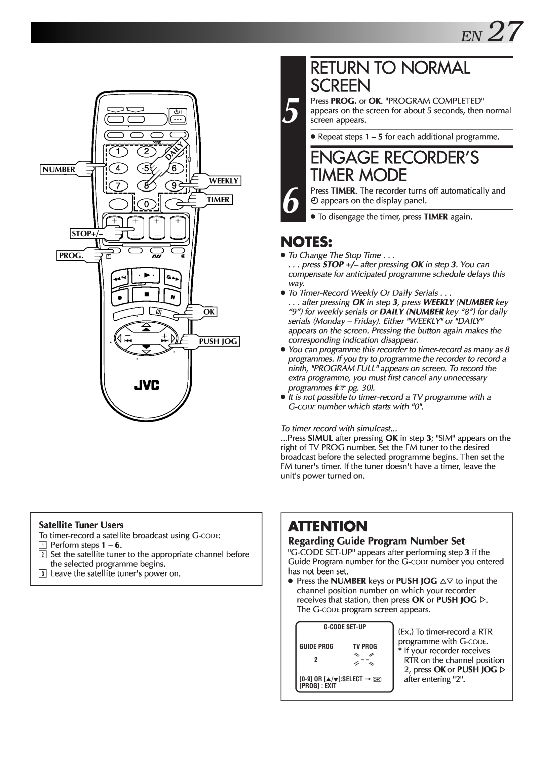 JVC HR-DD857MS EN27, Engage Recorder’S, Timer Mode, Return To Normal, Screen, Regarding Guide Program Number Set 