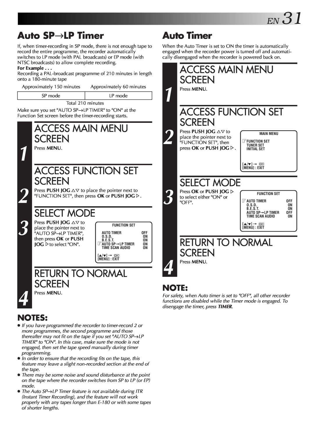 JVC HR-DD857MS specifications EN31, Auto SP→LP Timer, Auto Timer, Select Mode, Access Main Menu, Screen, Return To Normal 