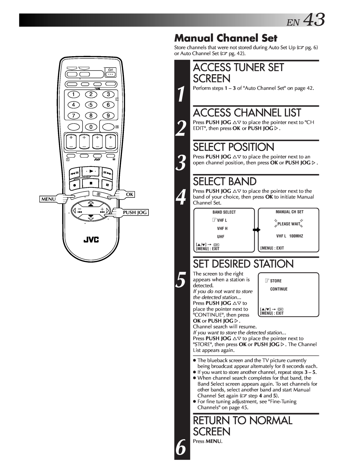 JVC HR-DD857MS EN43, Access Tuner Set, Access Channel List, Select Position, Set Desired Station, Manual Channel Set 