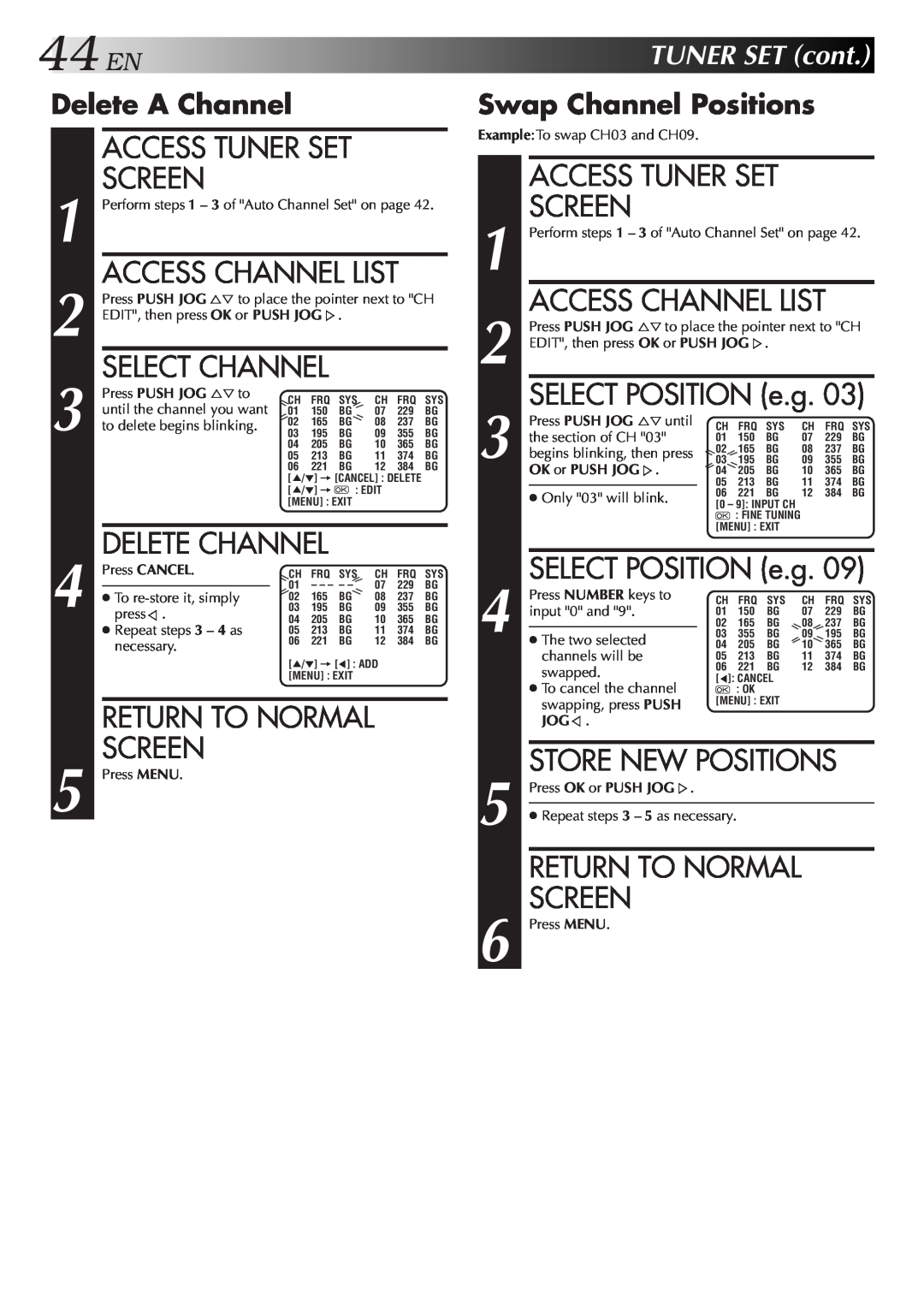 JVC HR-DD857MS Access Channel List, 44ENTUNERSETcont, Delete A Channel, Access Tuner Set, Select Channel, Delete Channel 