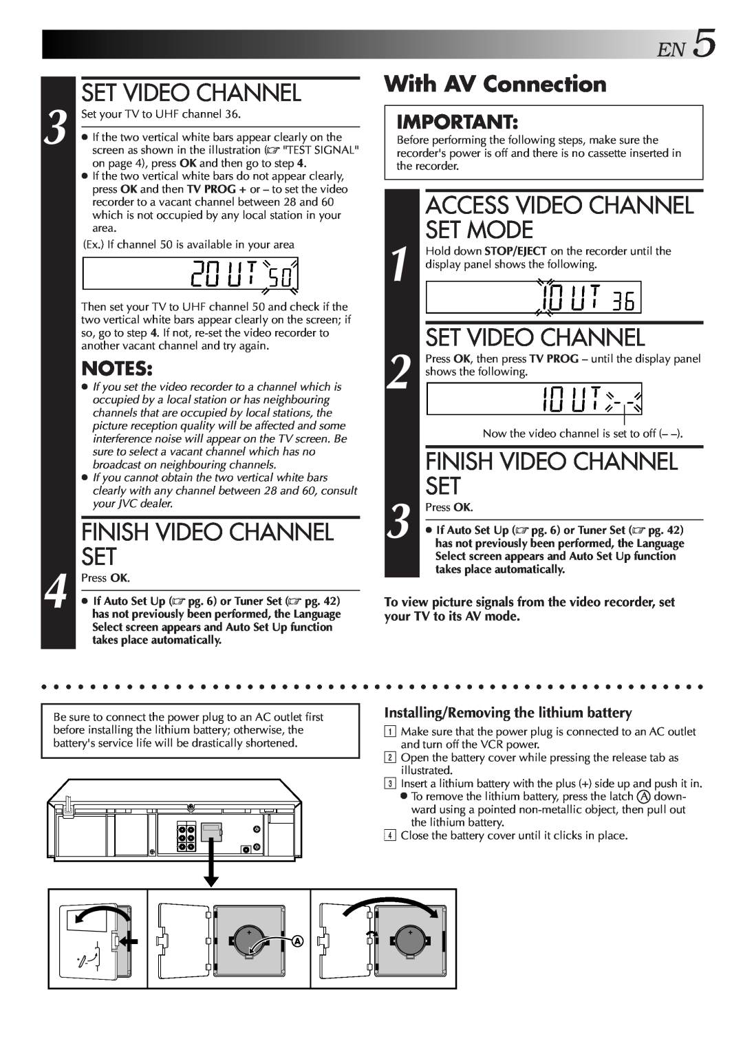 JVC HR-DD857MS Set Video Channel, Finish Video Channel Set, With AV Connection, Access Video Channel Set Mode 