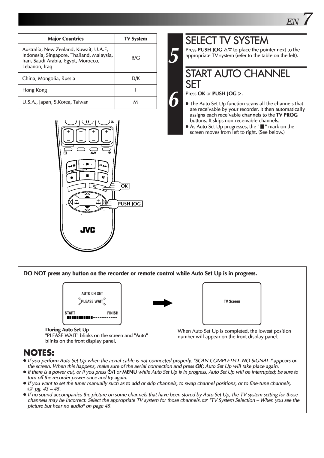 JVC HR-DD857MS specifications Start Auto Channel Set, Select Tv System, Ok Push Jog 