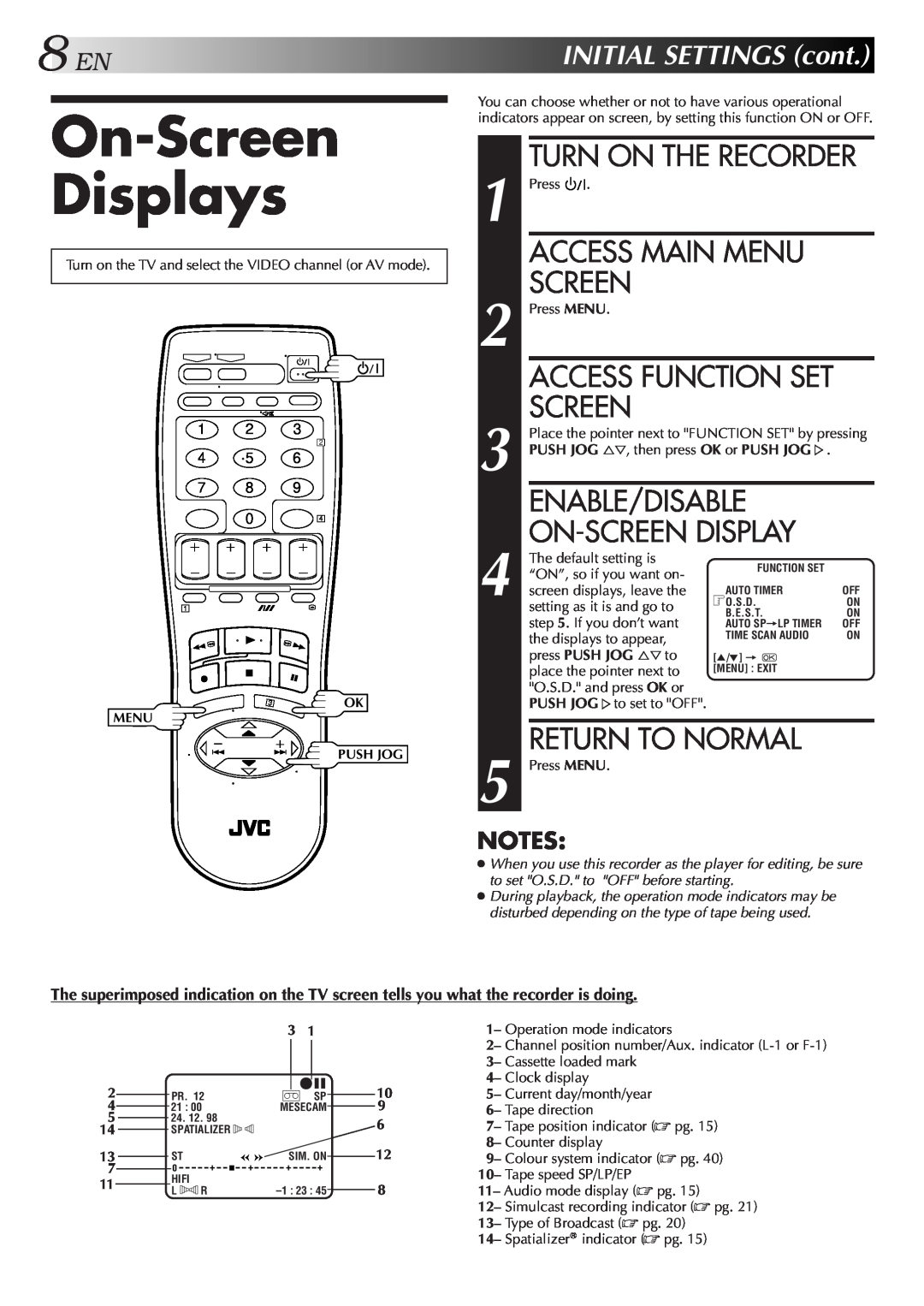 JVC HR-DD857MS specifications On-Screen Displays, Turn On The Recorder, Access Main Menu, Enable/Disable, Return To Normal 