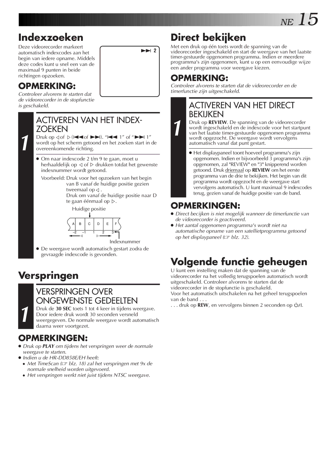 JVC HR-J758E/EH, HR-DD858E/EH manual Indexzoeken, Verspringen, Direct bekijken, Volgende functie geheugen 