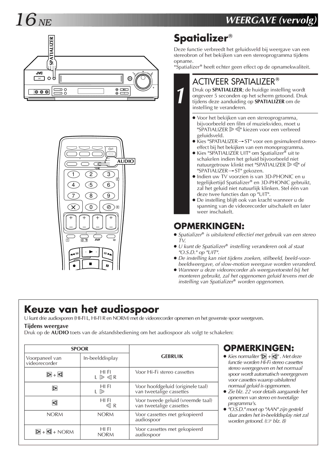 JVC HR-DD858E/EH, HR-J758E/EH E Weergave v ervolg, Keuze van het audiospoor, Activeer Spatializer, Tijdens weergave 