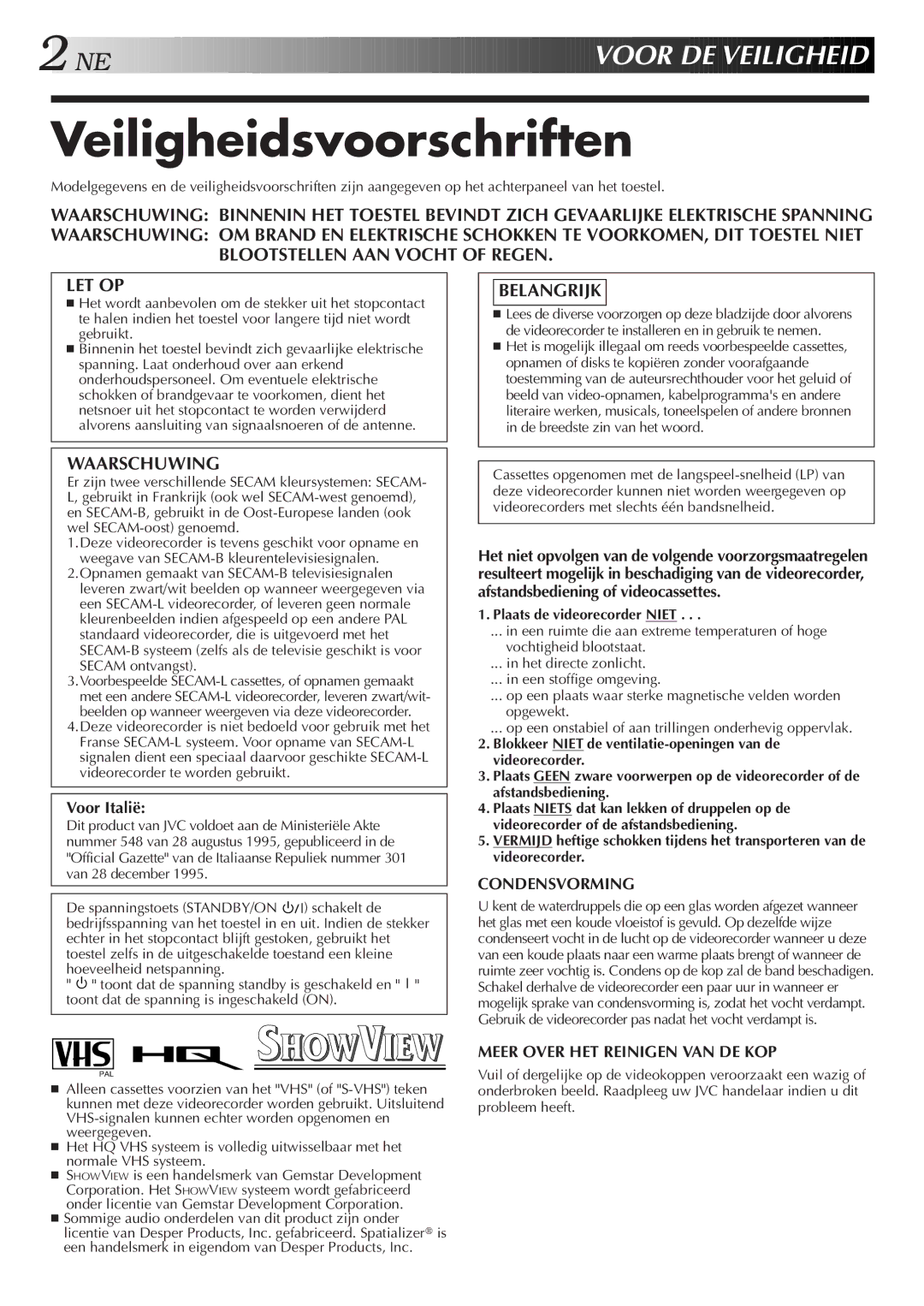 JVC HR-DD858E/EH, HR-J758E/EH manual Veiligheidsvoorschriften, Afstandsbediening of videocassettes, Voor Italië 