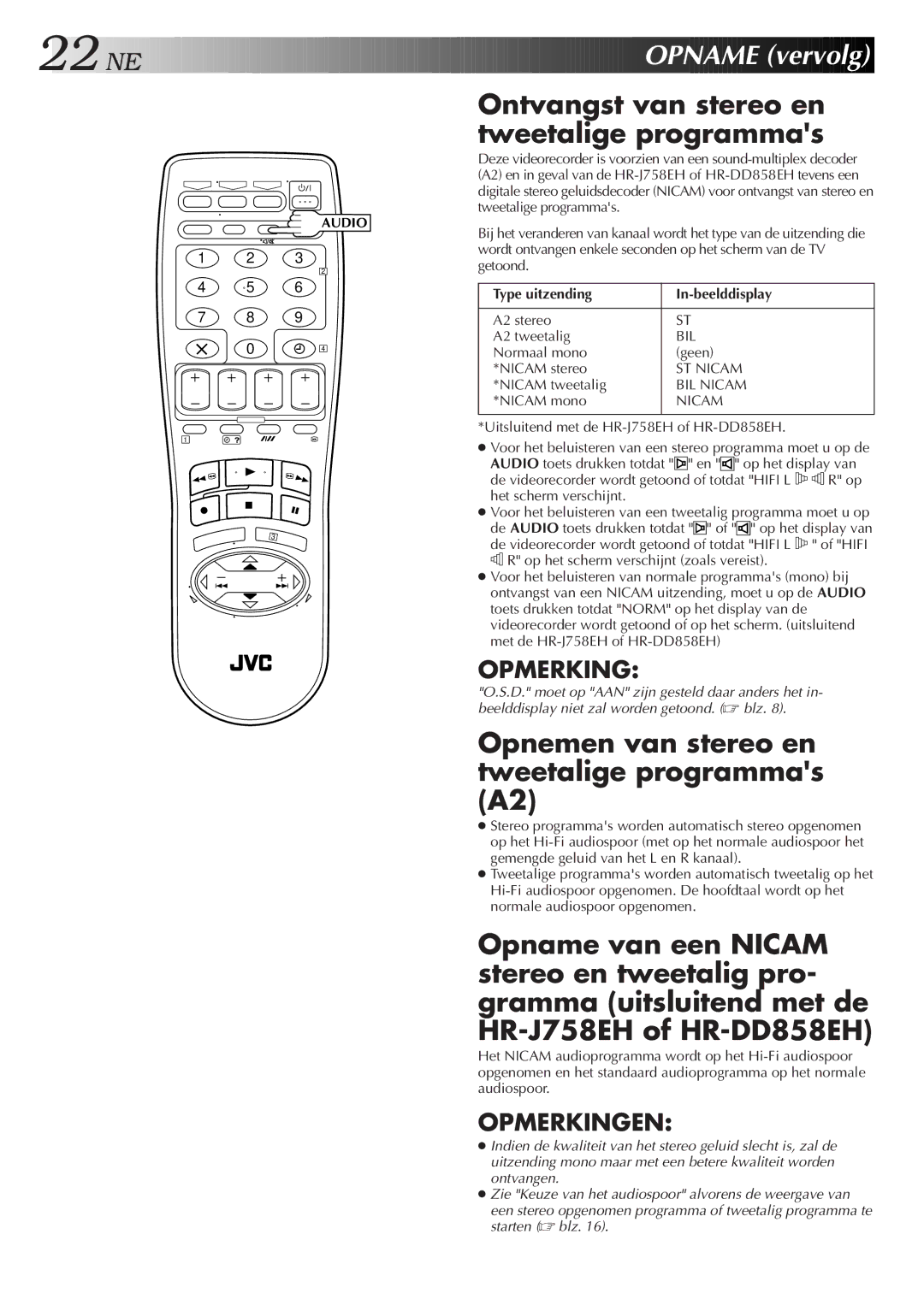 JVC HR-DD858E/EH manual Opname vervolg, Ontvangst van stereo en tweetalige programmas, Type uitzending In-beelddisplay 