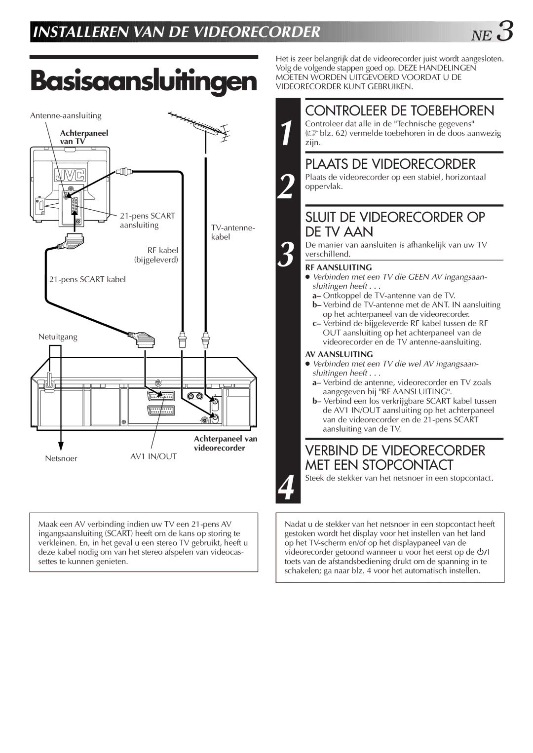 JVC HR-J758E/EH manual Basisaansluitingen, Controleer DE Toebehoren, Plaats DE Videorecorder, Sluit DE Videorecorder OP 