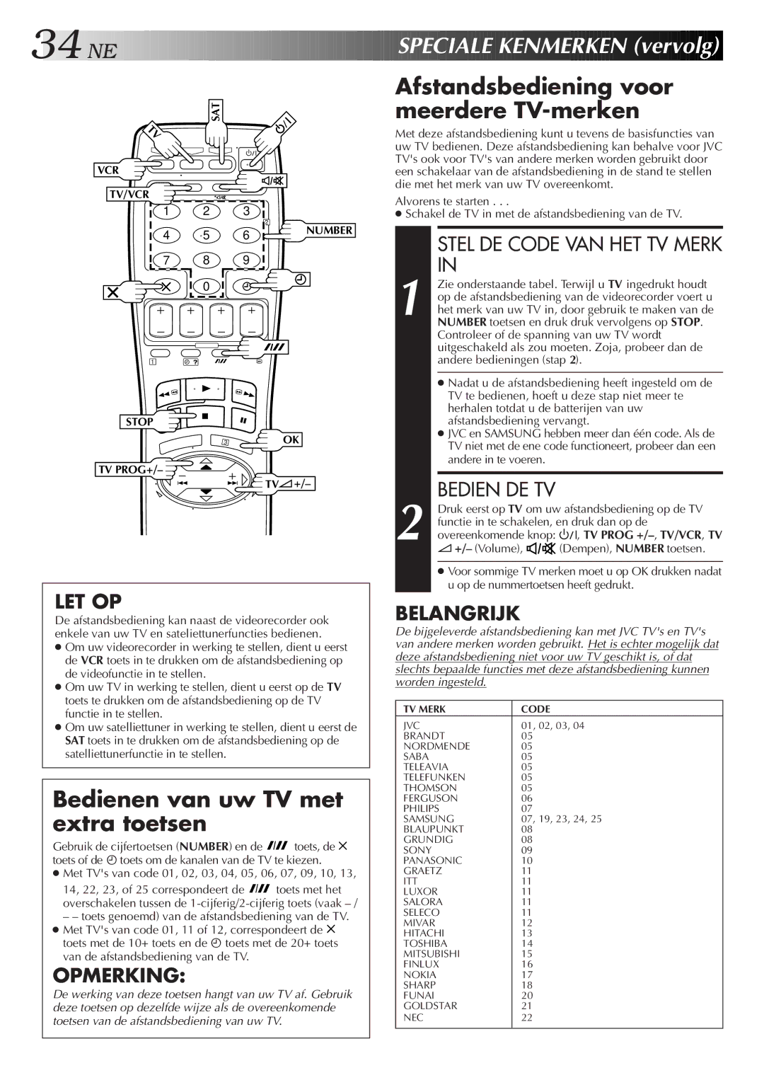 JVC HR-DD858E/EH, HR-J758E/EH manual Spec Iale Kenmerken vervolg, Afstandsbediening voor meerdere TV-merken 