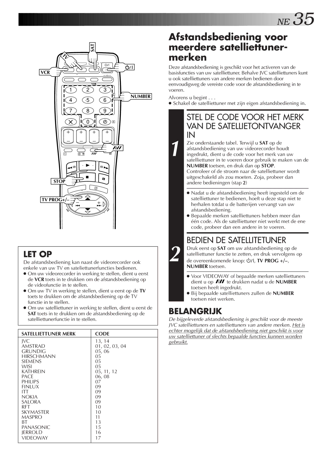 JVC HR-J758E/EH Afstandsbediening voor meerdere satelliettuner- merken, Bedien DE Satellitetuner, Satelliettuner Merk Code 