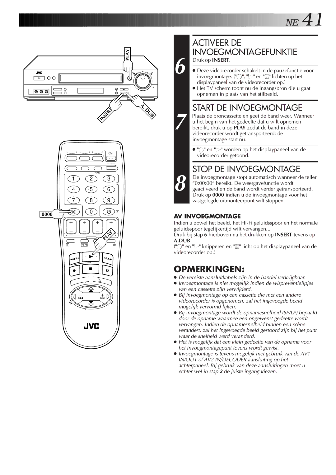 JVC HR-J758E/EH, HR-DD858E/EH manual Activeer DE, Invoegmontagefunktie, Start DE Invoegmontage, Stop DE Invoegmontage 