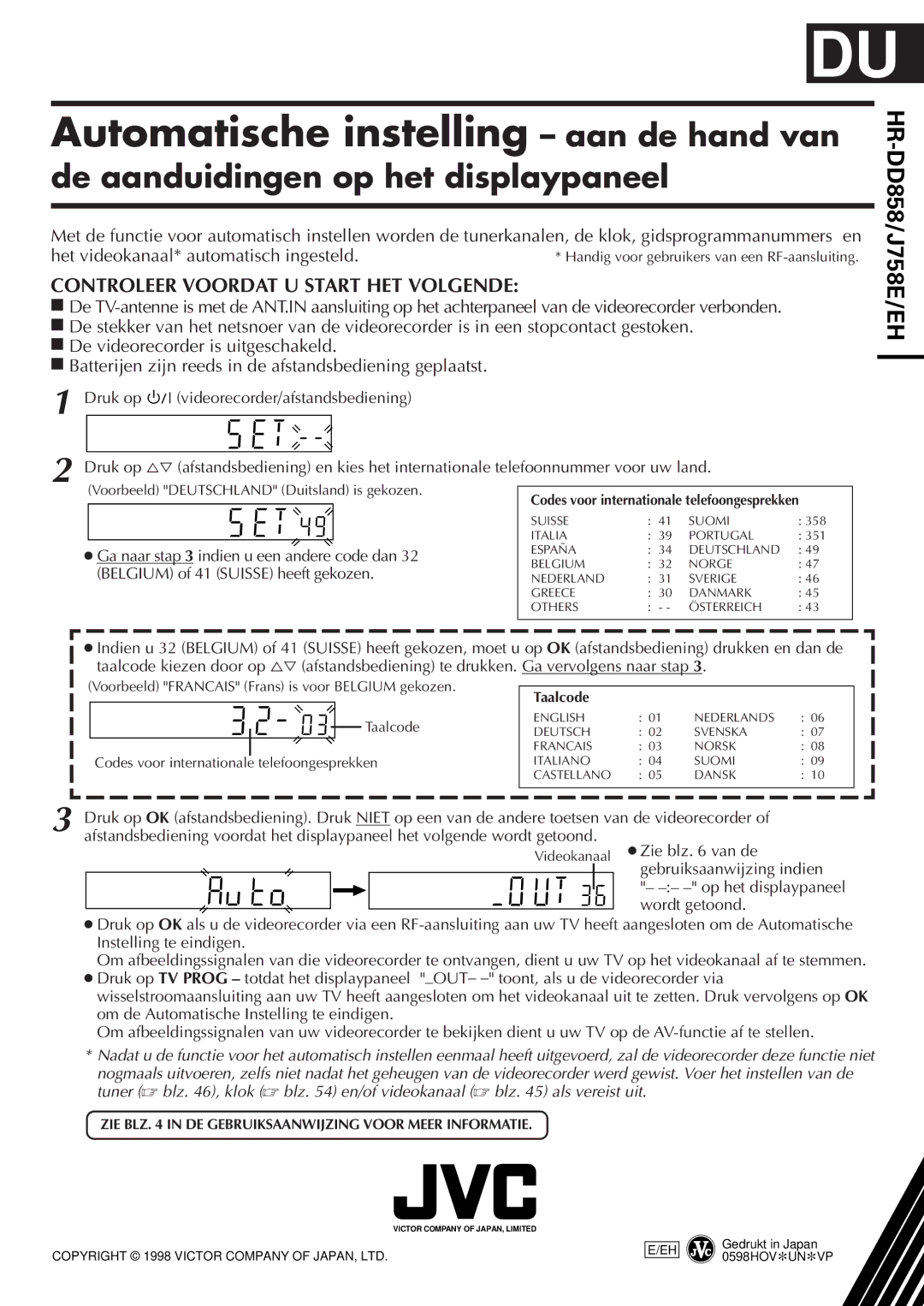 JVC HR-DD858E/EH, HR-J758E/EH manual Voorbeeld Francais Frans is voor Belgium gekozen, Taalcode, Telefoongesprekken 