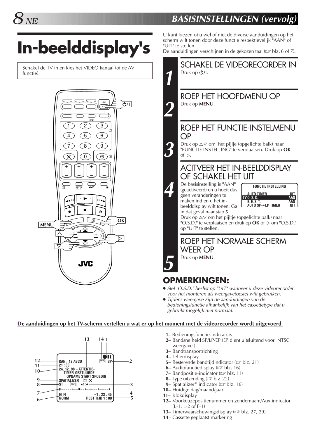 JVC HR-DD858E/EH, HR-J758E/EH manual In-beelddisplays, NE BA Sisinstellingen vervolg, Roep HET FUNCTIE-INSTELMENU OP 