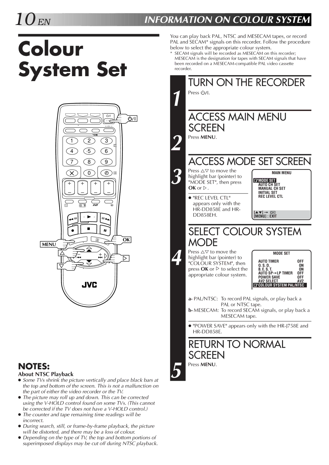 JVC HR-DD858E/EH Colour System Set, About Ntsc Playback, OK or%, Appears only with HR-DD858E and HR DD858EH, SYSTEM, then 